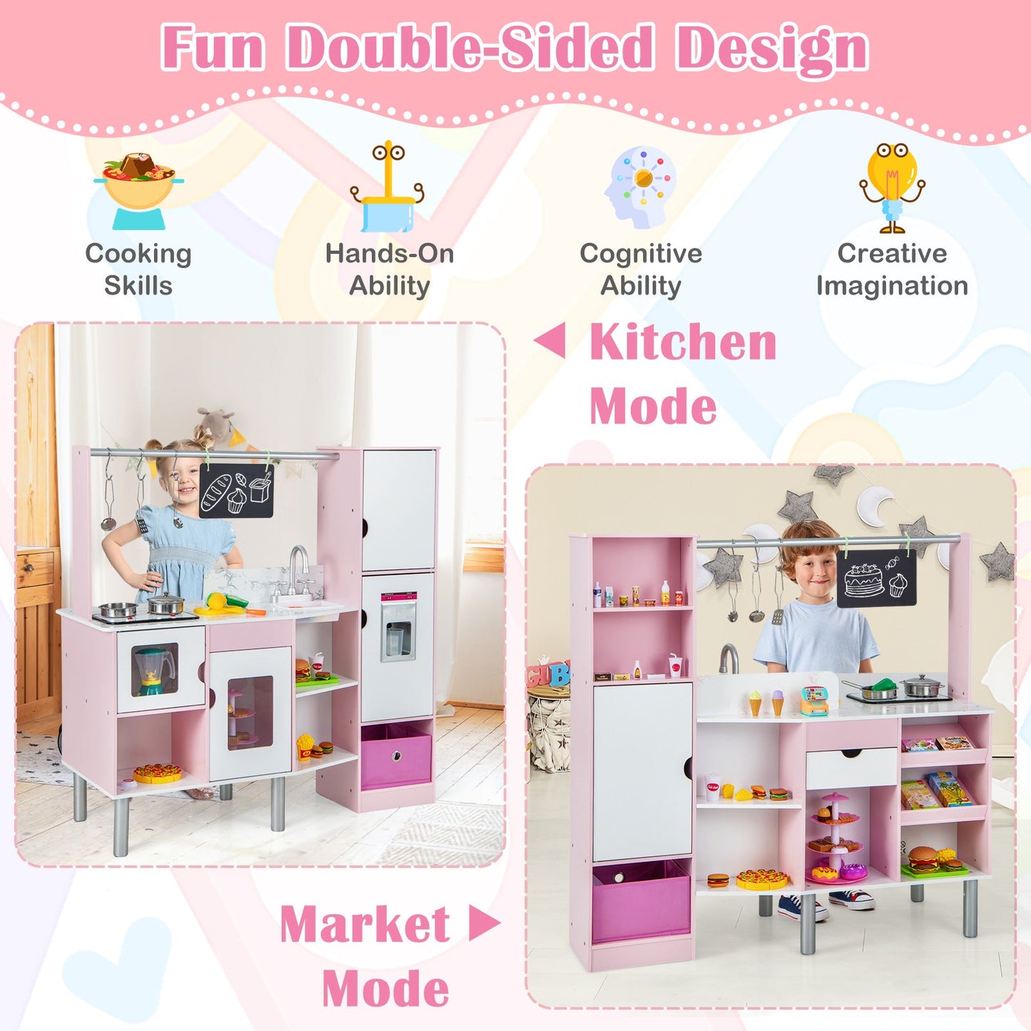 Cocina y Mercado Infantil 2 en 1 de Doble Cara - Rosa