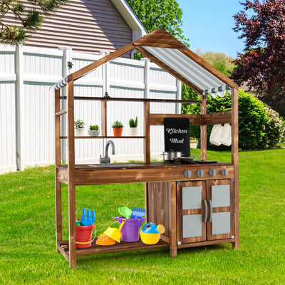 Kid's Outdoor Solid Wood Mud Kitchen with Canopy
