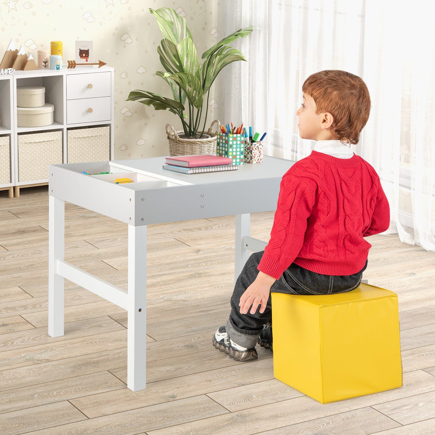 3-in-1 Wooden Kids Table with Storage and Double-Sided Top