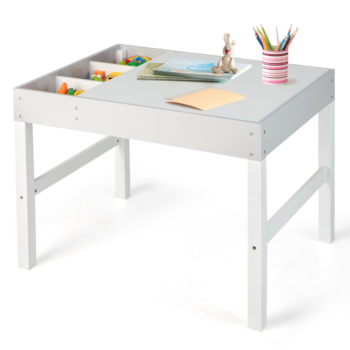 3-in-1 Wooden Kids Table with Storage and Double-Sided Top