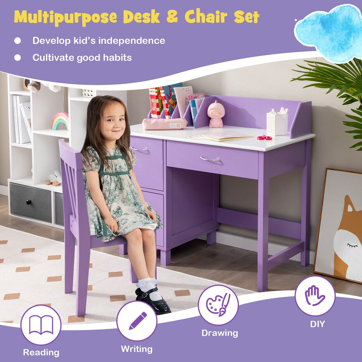 Ensemble de mobilier d'écriture en bois pour enfants avec tiroir et rangement - Violet