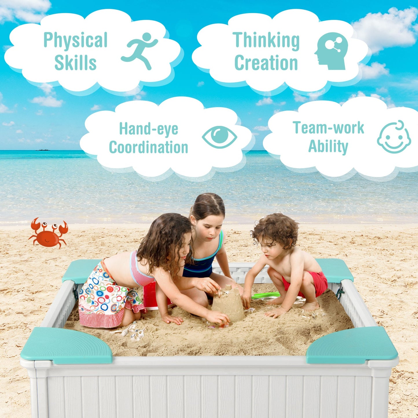 Caja de arena para niños al aire libre con tapa y asientos en las esquinas - Blanca