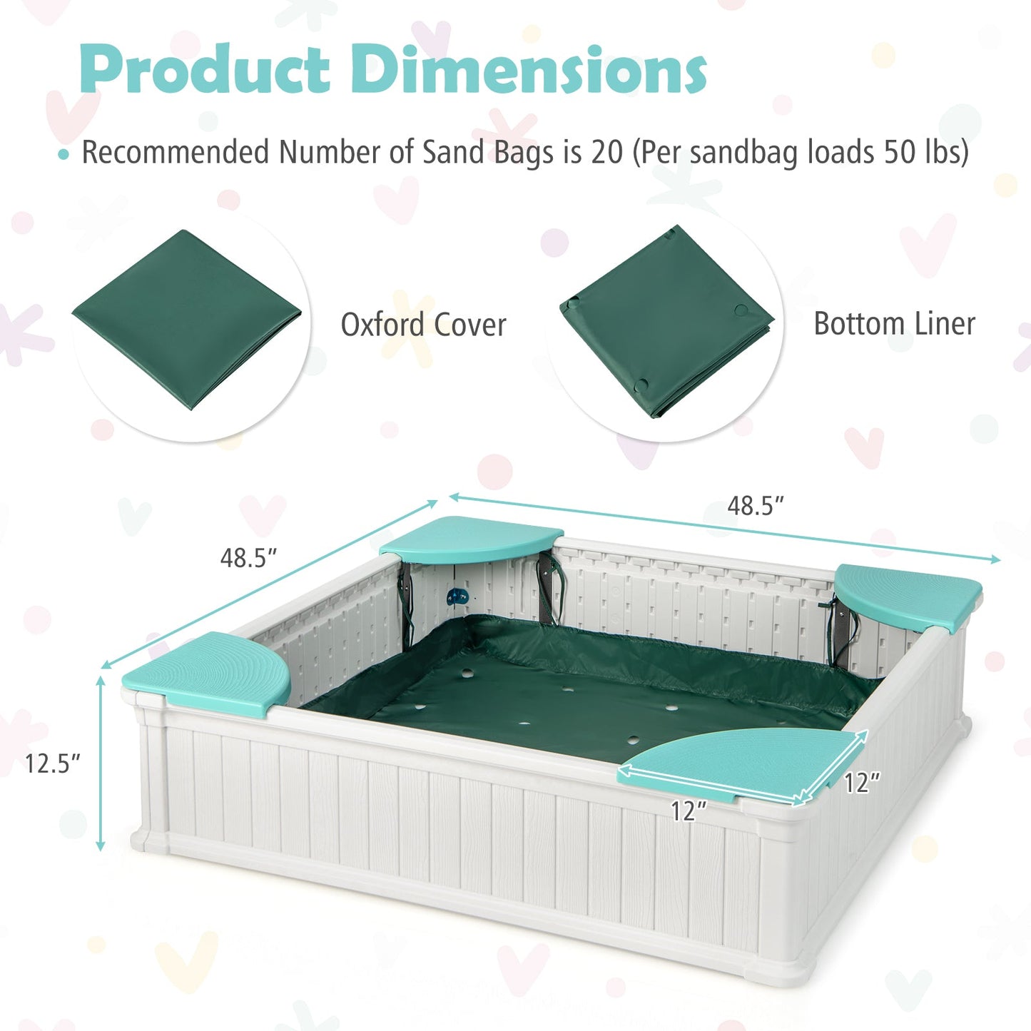 Caja de arena para niños al aire libre con tapa y asientos en las esquinas - Blanca