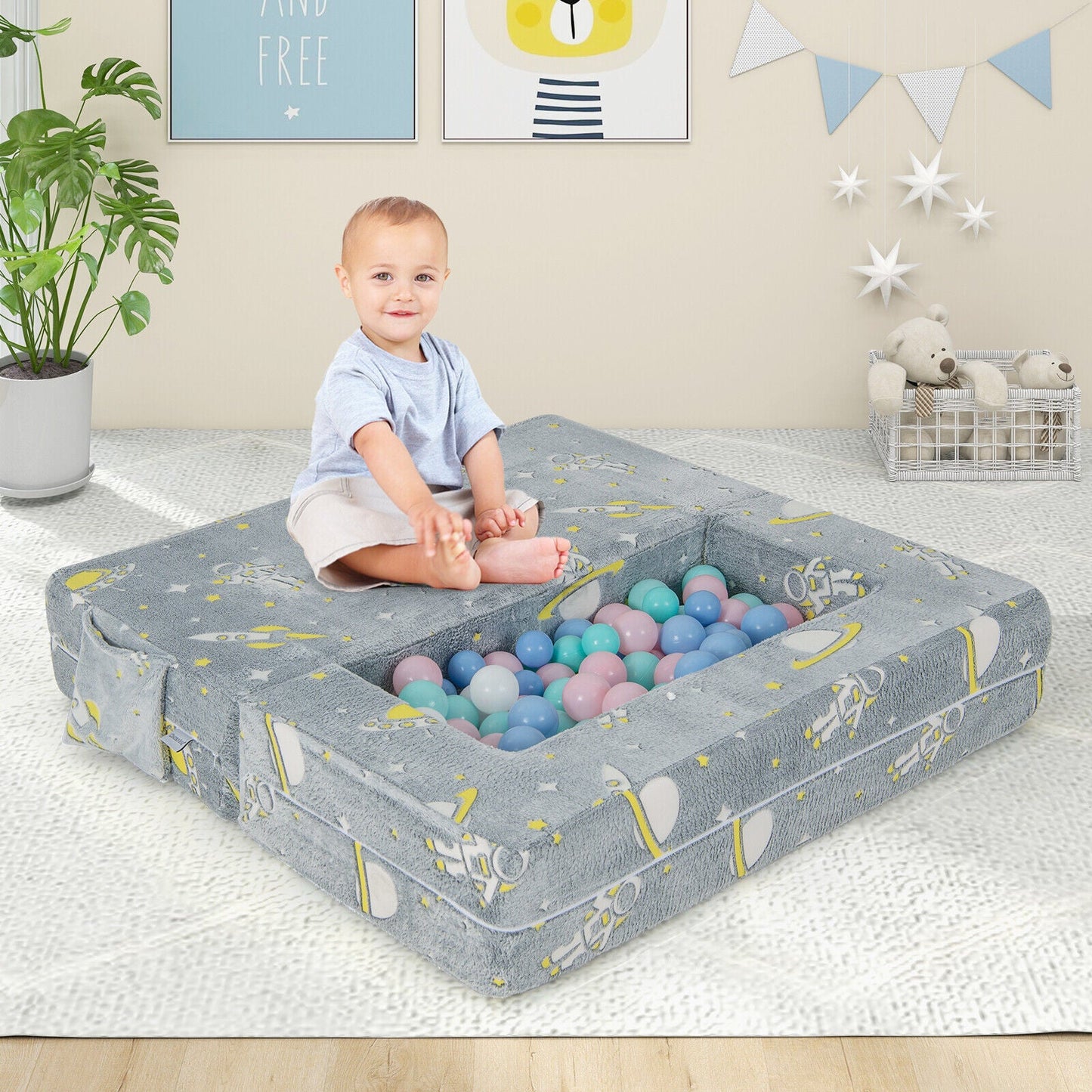 Sofá de Juego para Niños con Otomana y Funda Lavable - Gris