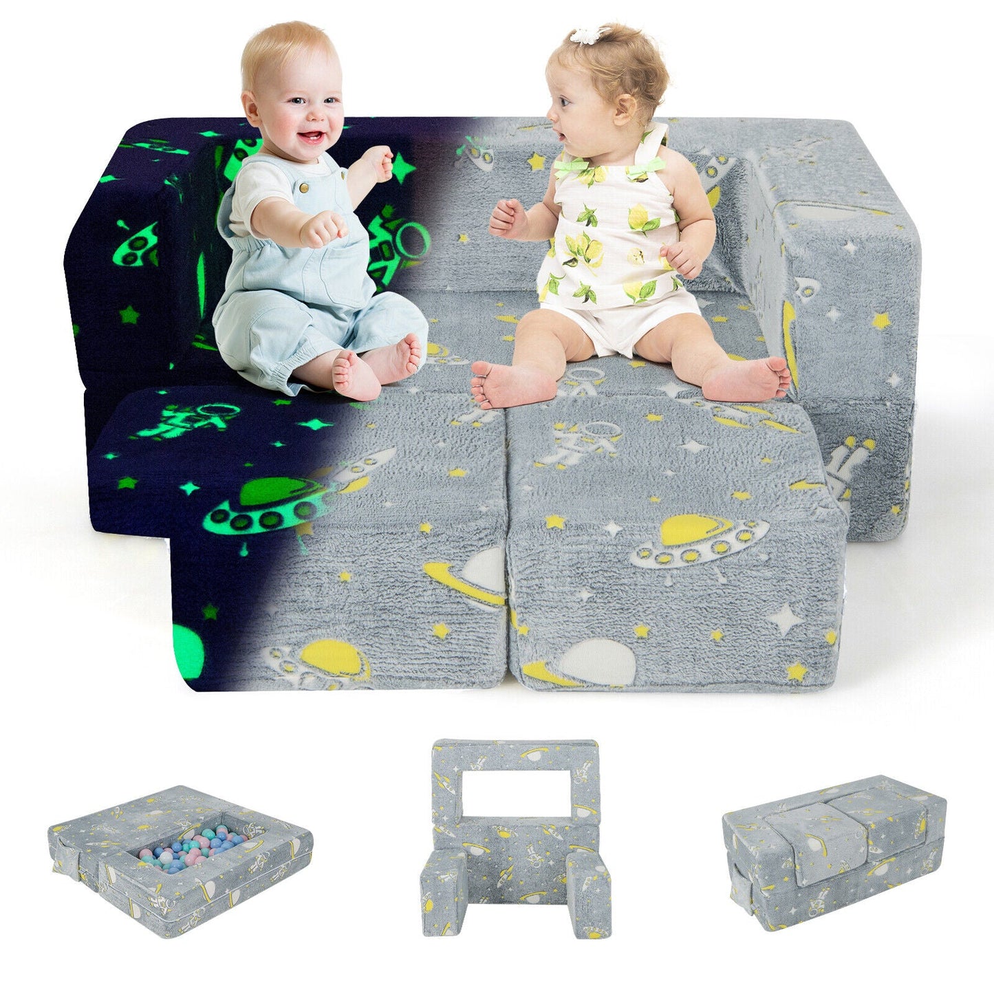 Sofá de Juego para Niños con Otomana y Funda Lavable - Gris