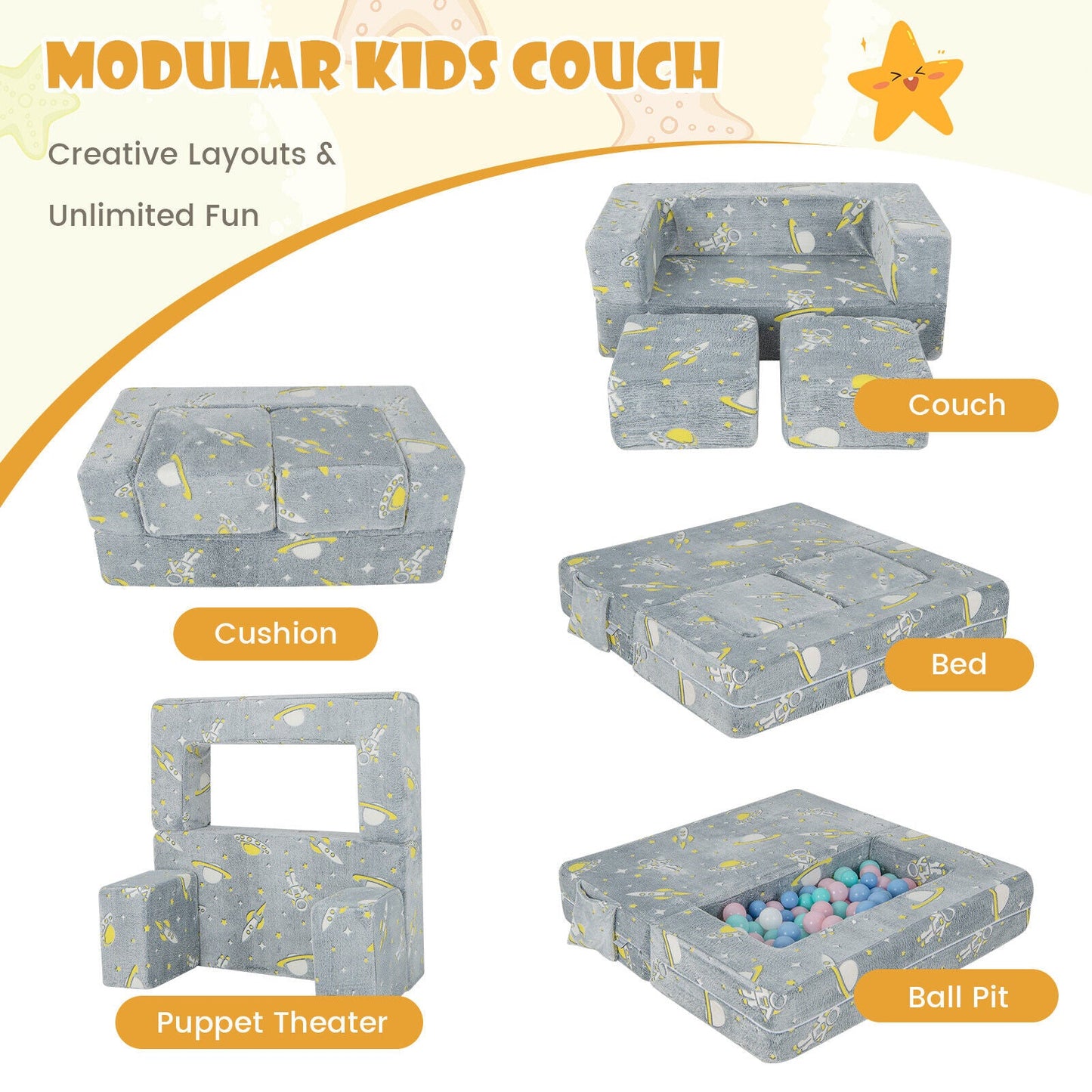 Sofá de Juego para Niños con Otomana y Funda Lavable - Gris