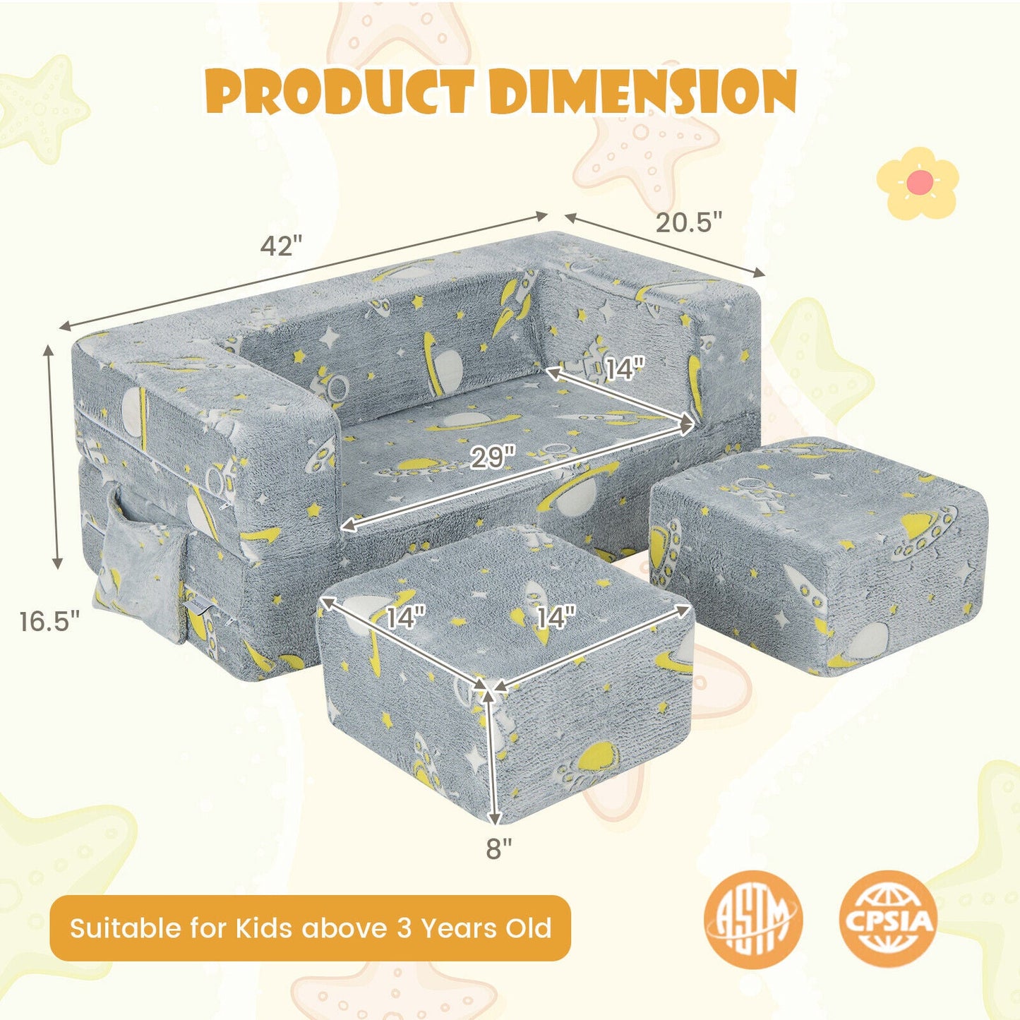 Sofá de Juego para Niños con Otomana y Funda Lavable - Gris