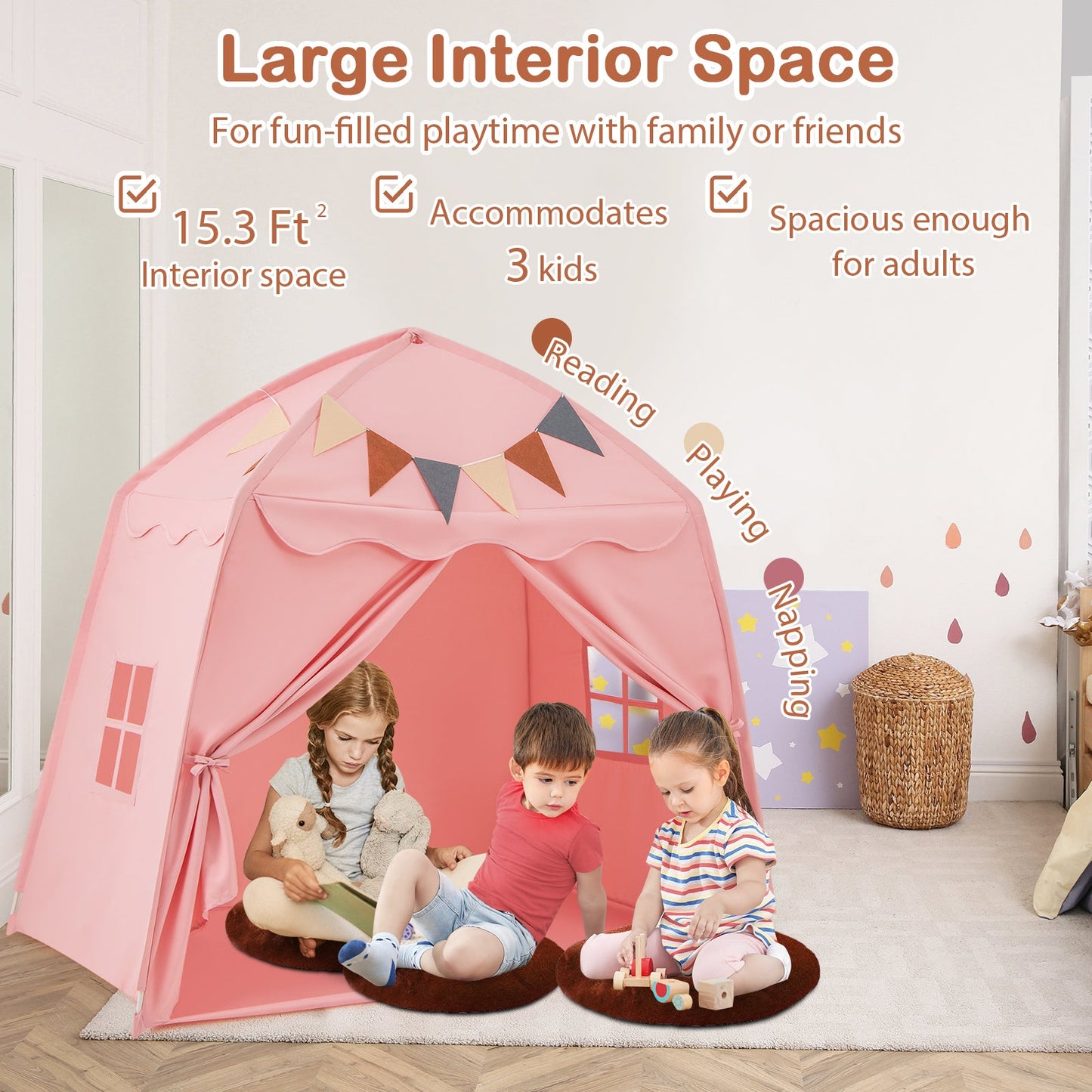 Tente de jeu extra large pour enfants avec guirlandes lumineuses - Rose