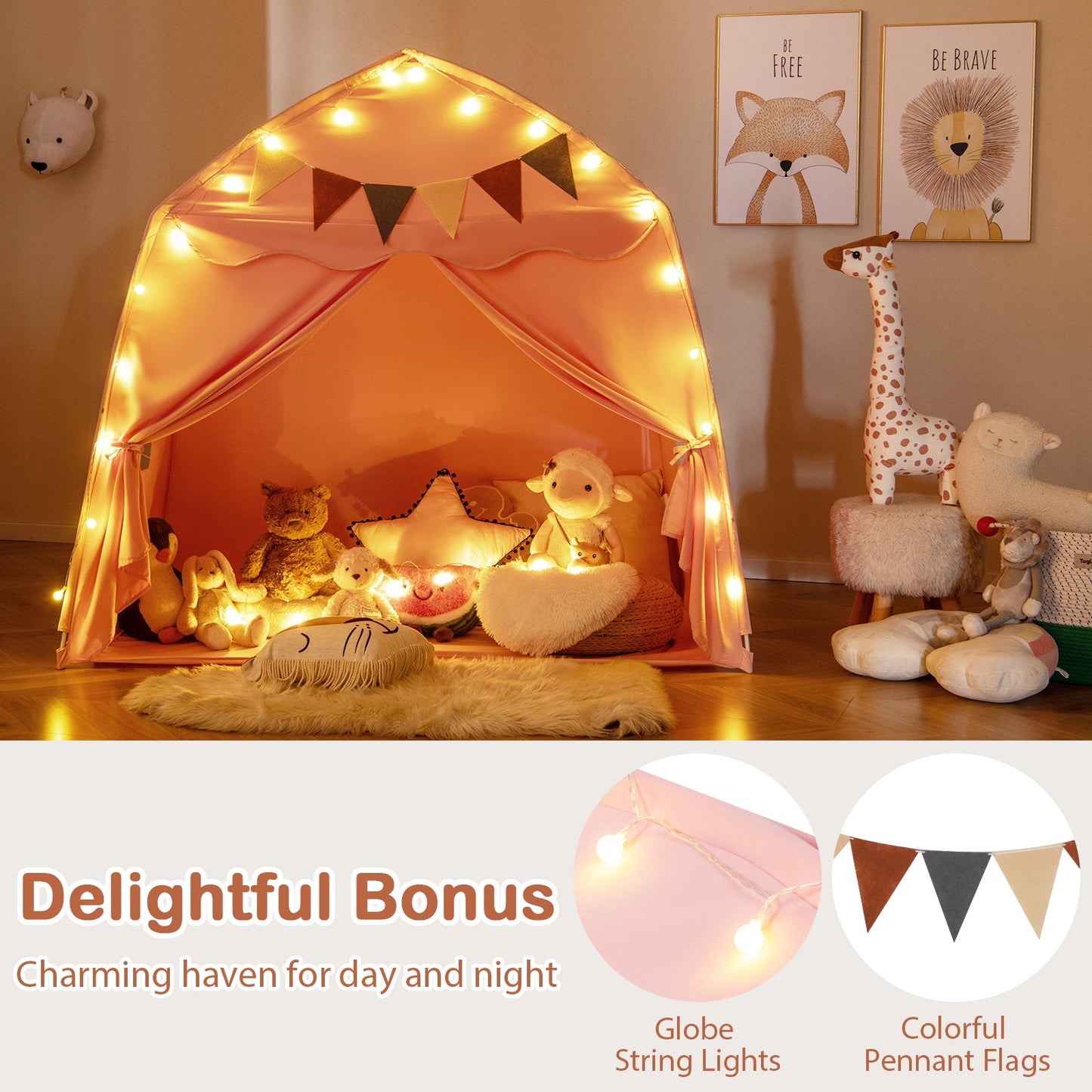 Tente de jeu extra large pour enfants avec guirlandes lumineuses - Rose