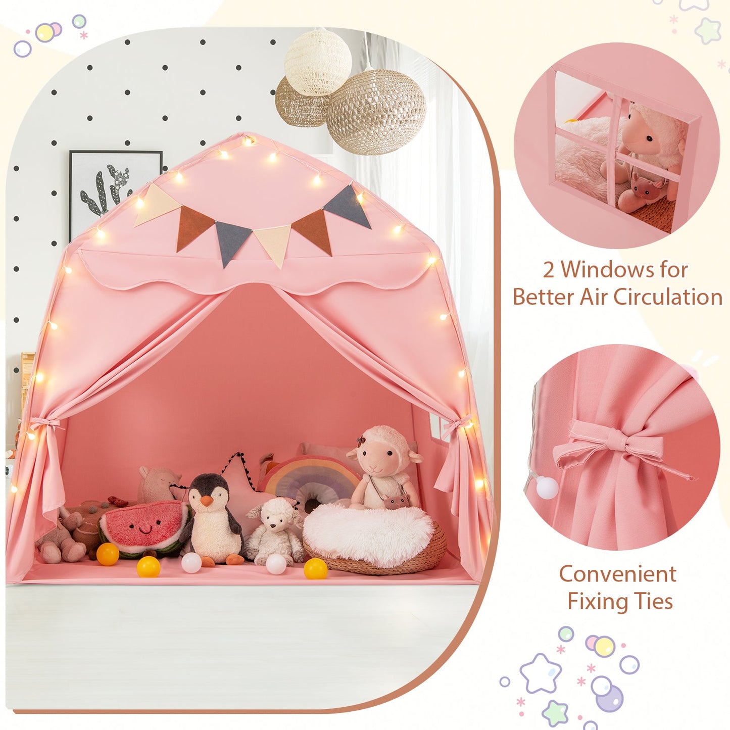 Tente de jeu extra large pour enfants avec guirlandes lumineuses - Rose