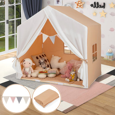 Kid's Play Tent with Washable Cotton Mat and Flag Banner - Orange