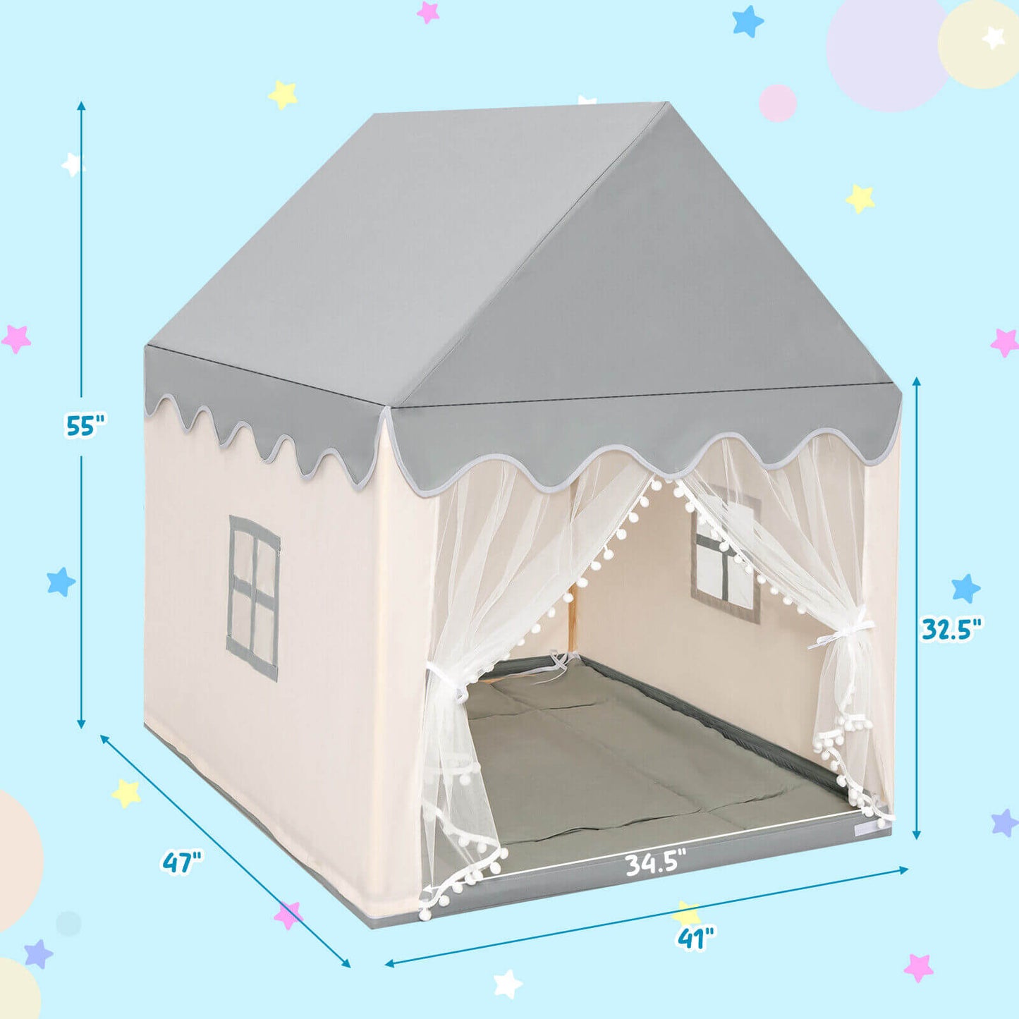 Kids Large Play Castle Fairy Tent with Mat - Beige