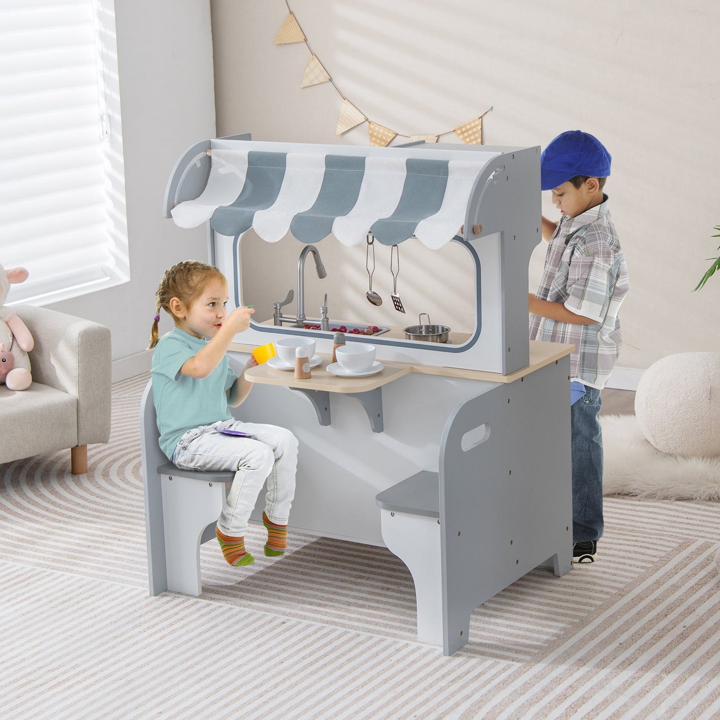 Double Sided Kids Pretend Kitchen Playset with 2-Seat Cafe - Gray