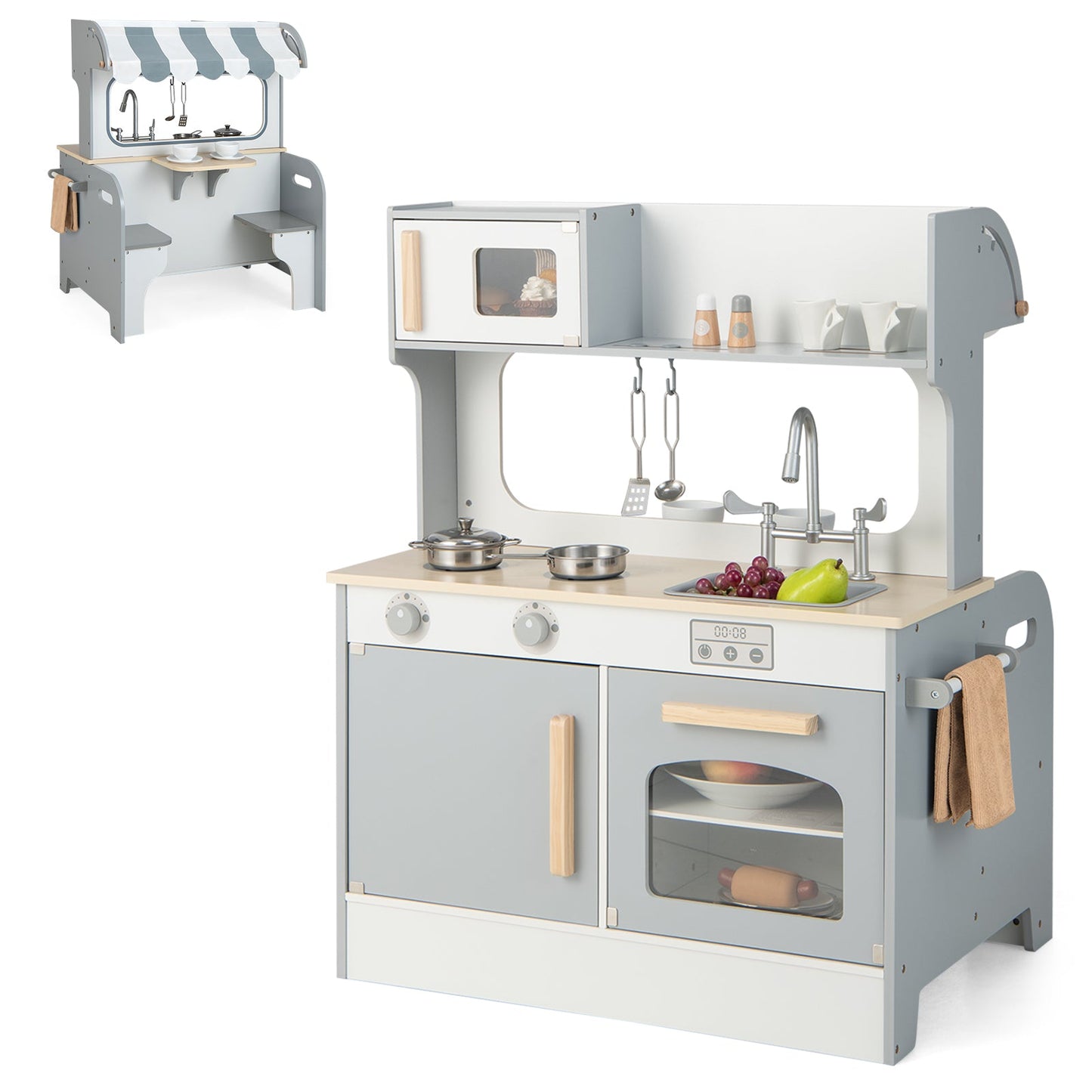 Double Sided Kids Pretend Kitchen Playset with 2-Seat Cafe - Gray