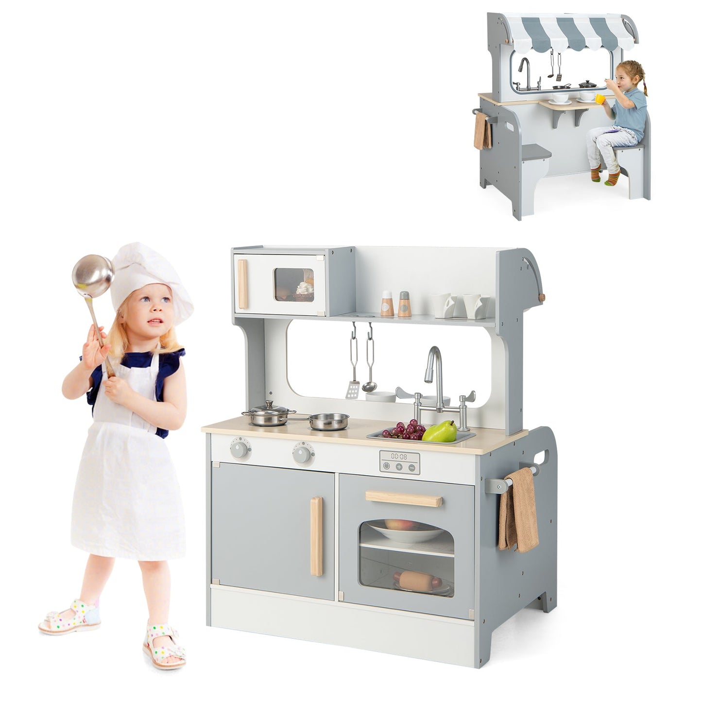 Double Sided Kids Pretend Kitchen Playset with 2-Seat Cafe - Gray