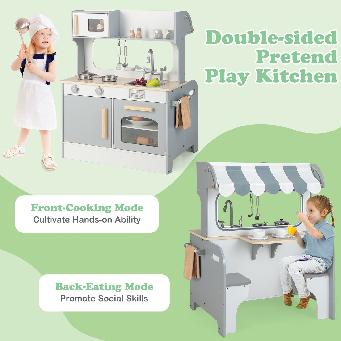Double Sided Kids Pretend Kitchen Playset with 2-Seat Cafe - Gray