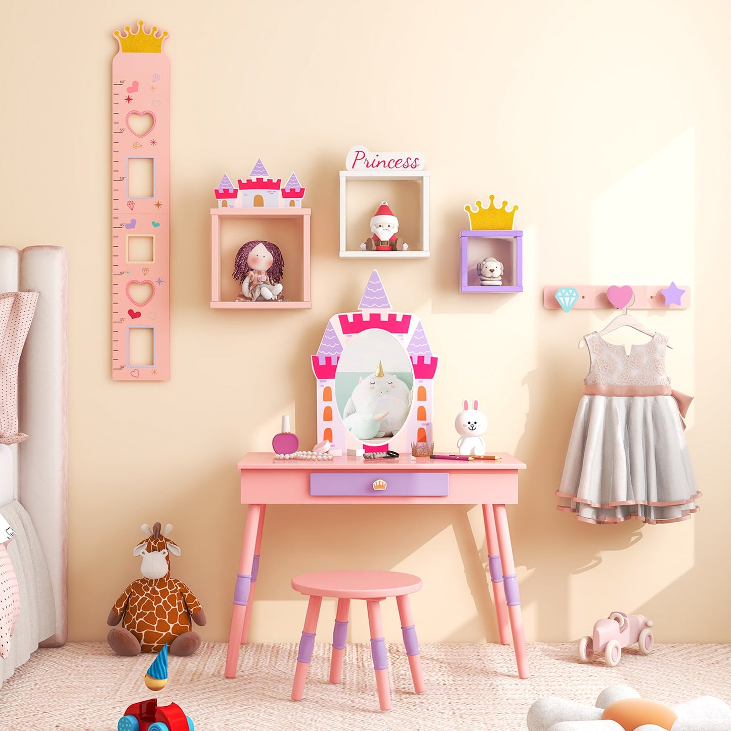 Kids Princess Vanity Table and Stool Set - Pink