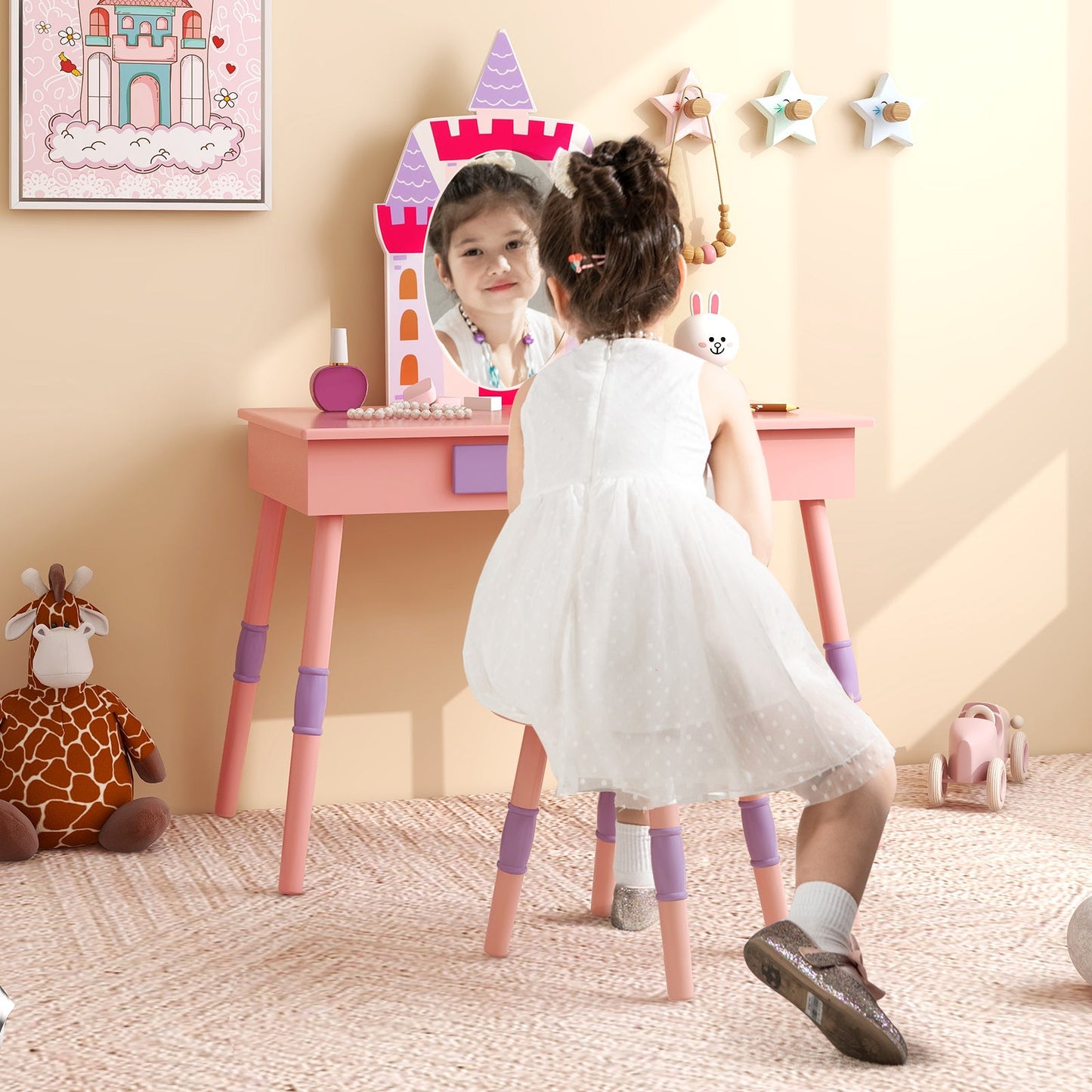 Kids Princess Vanity Table and Stool Set - Pink