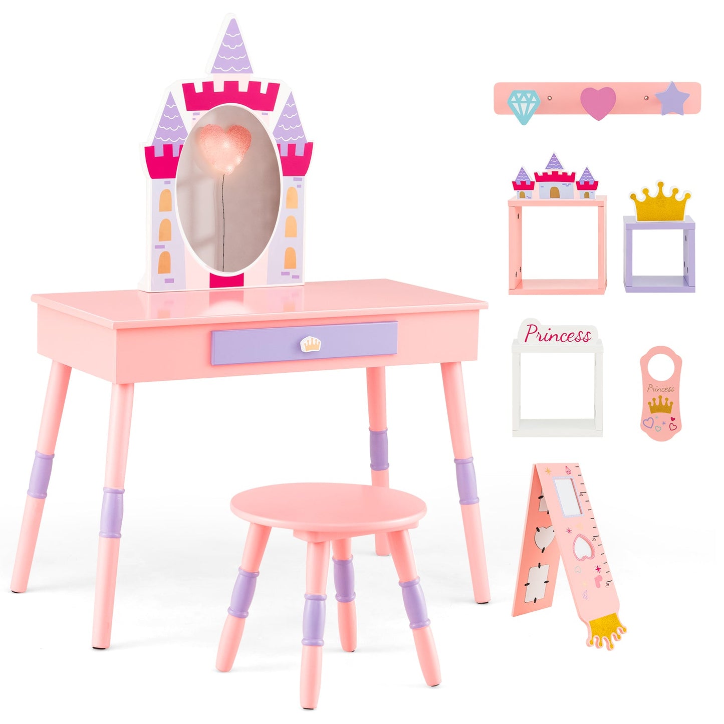 Kids Princess Vanity Table and Stool Set - Pink