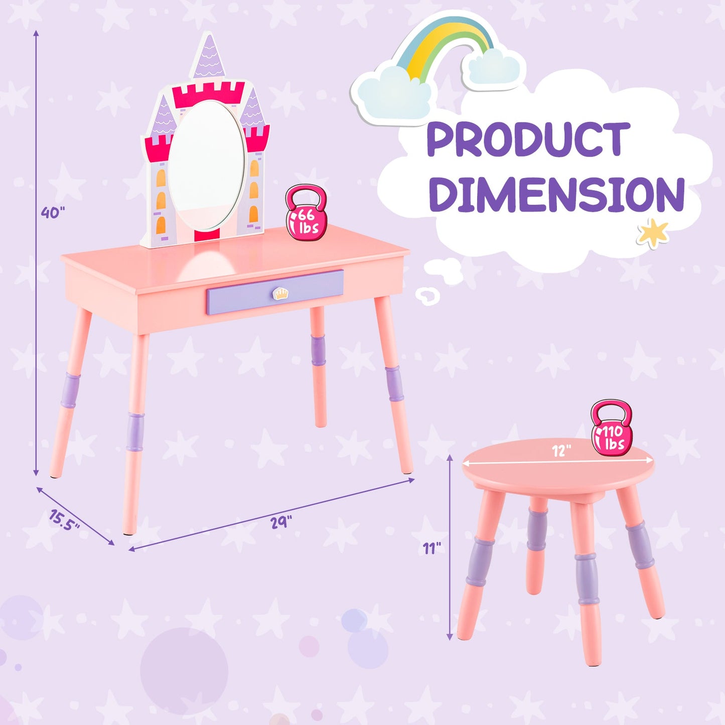 Kids Princess Vanity Table and Stool Set - Pink