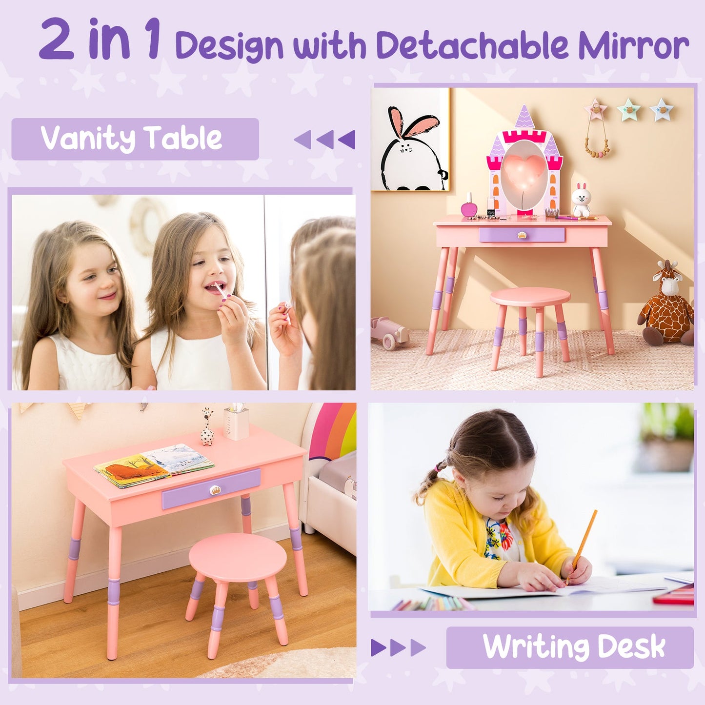 Kids Princess Vanity Table and Stool Set - Pink