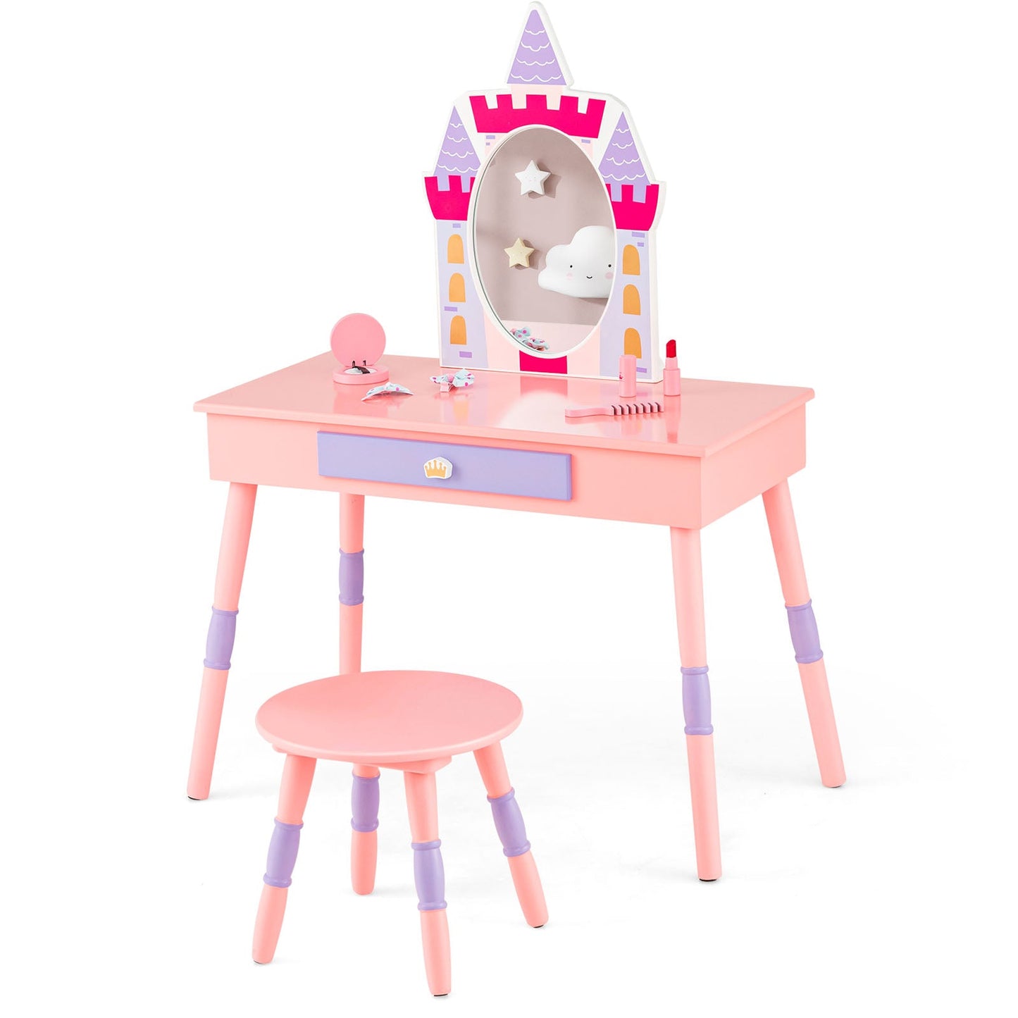 Kids Princess Vanity Table and Stool Set - Pink