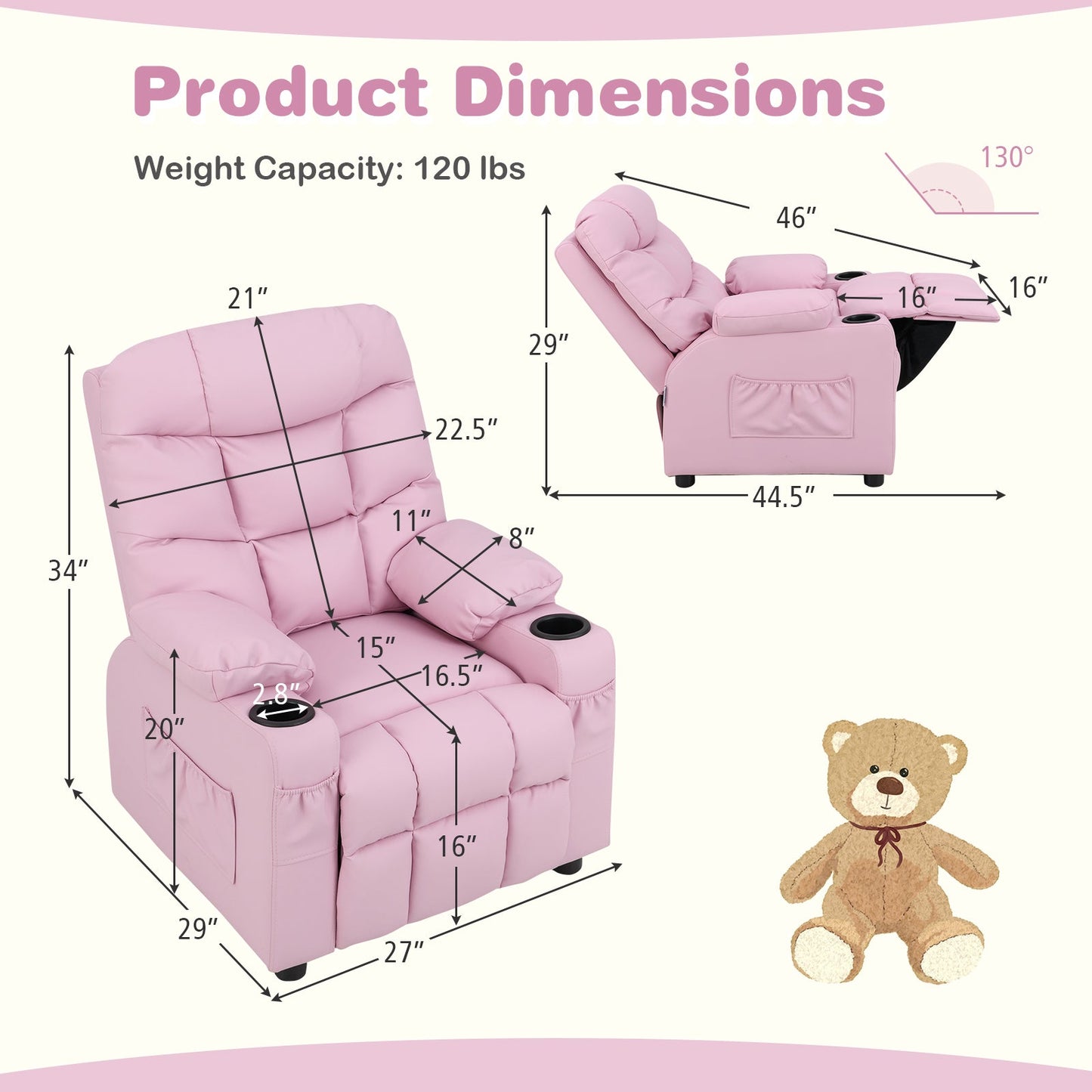 Sillón Reclinable para Niños con Portavasos y Reposapiés - Rosa Claro