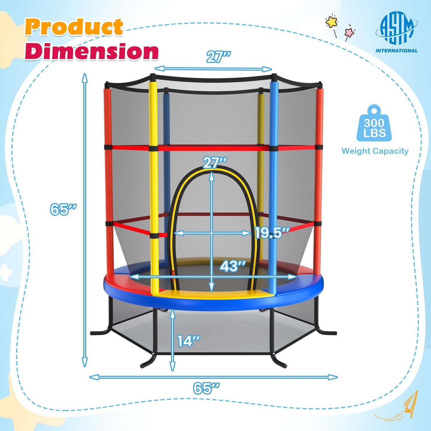 Trampoline pour enfants de 55 pouces avec filet de sécurité - Jaune