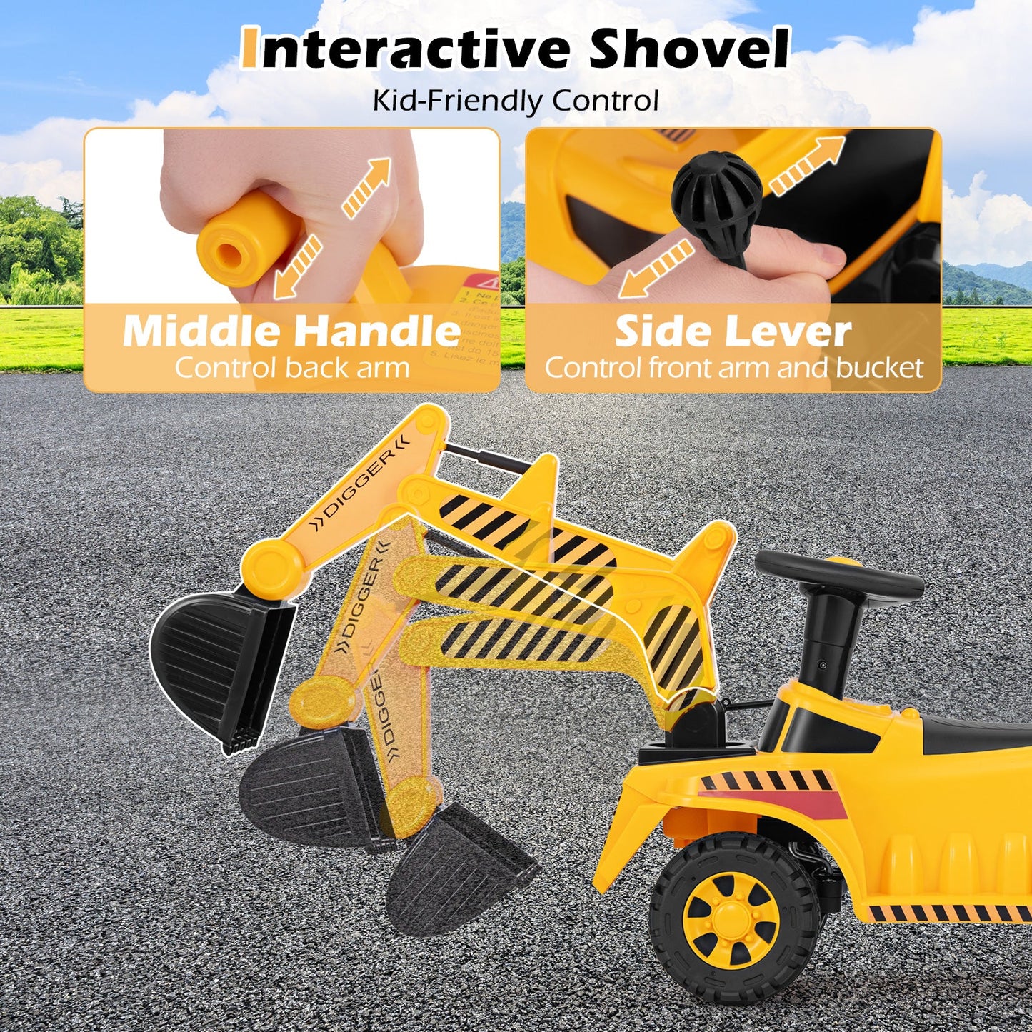 Excavadora de Paseo para Niños con Pala Ajustable - Amarillo