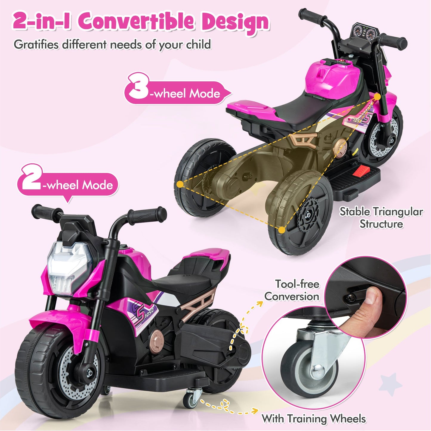 Kids Ride-on Motorcycle with Detachable Training Wheels - Pink