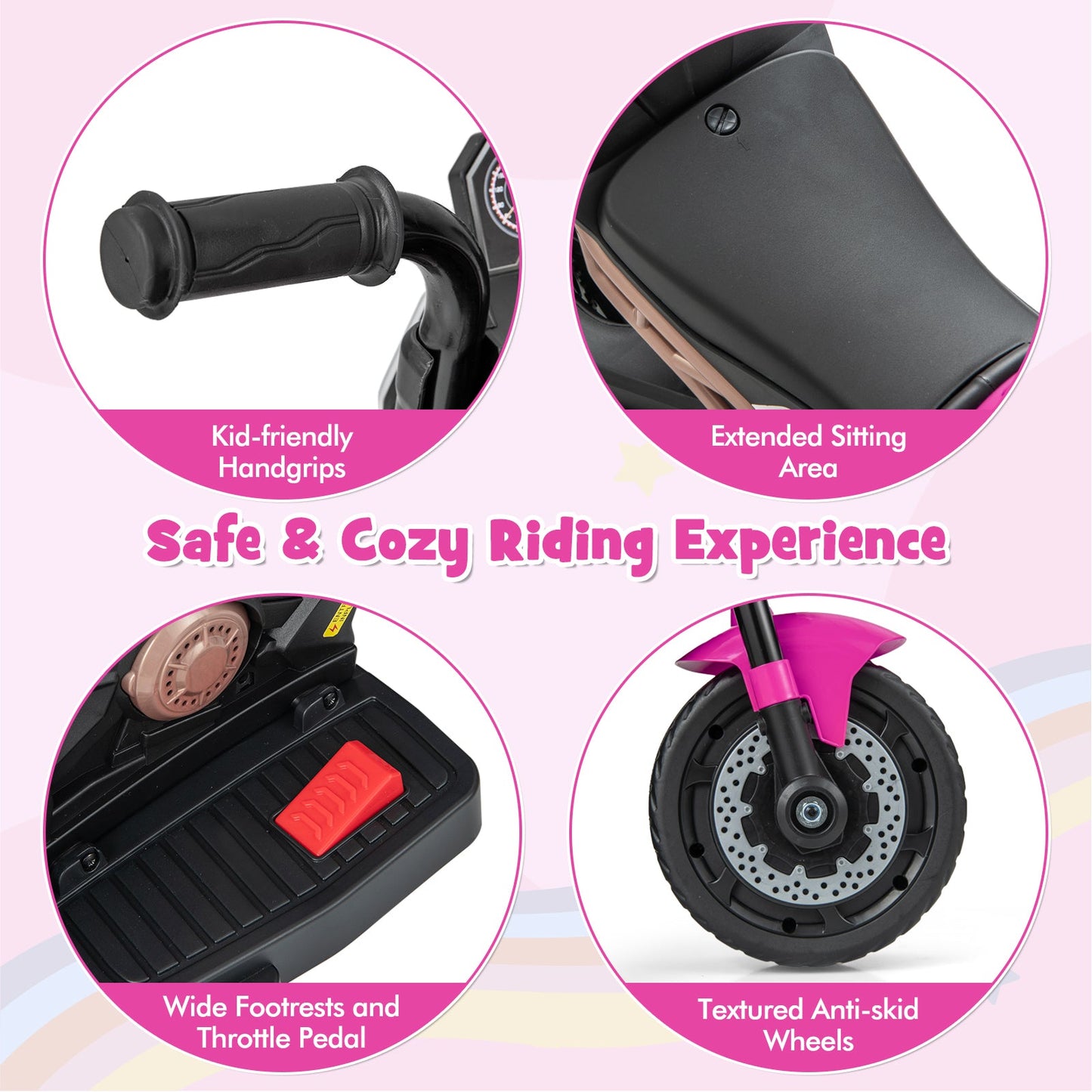 Kids Ride-on Motorcycle with Detachable Training Wheels - Pink