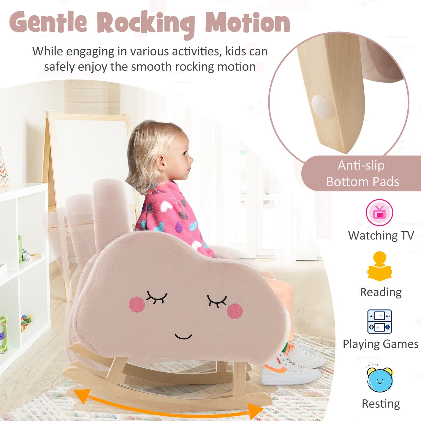 Rocking Chair pour Tout-Petit Rembourré avec Pieds en Bois Massif - Rose