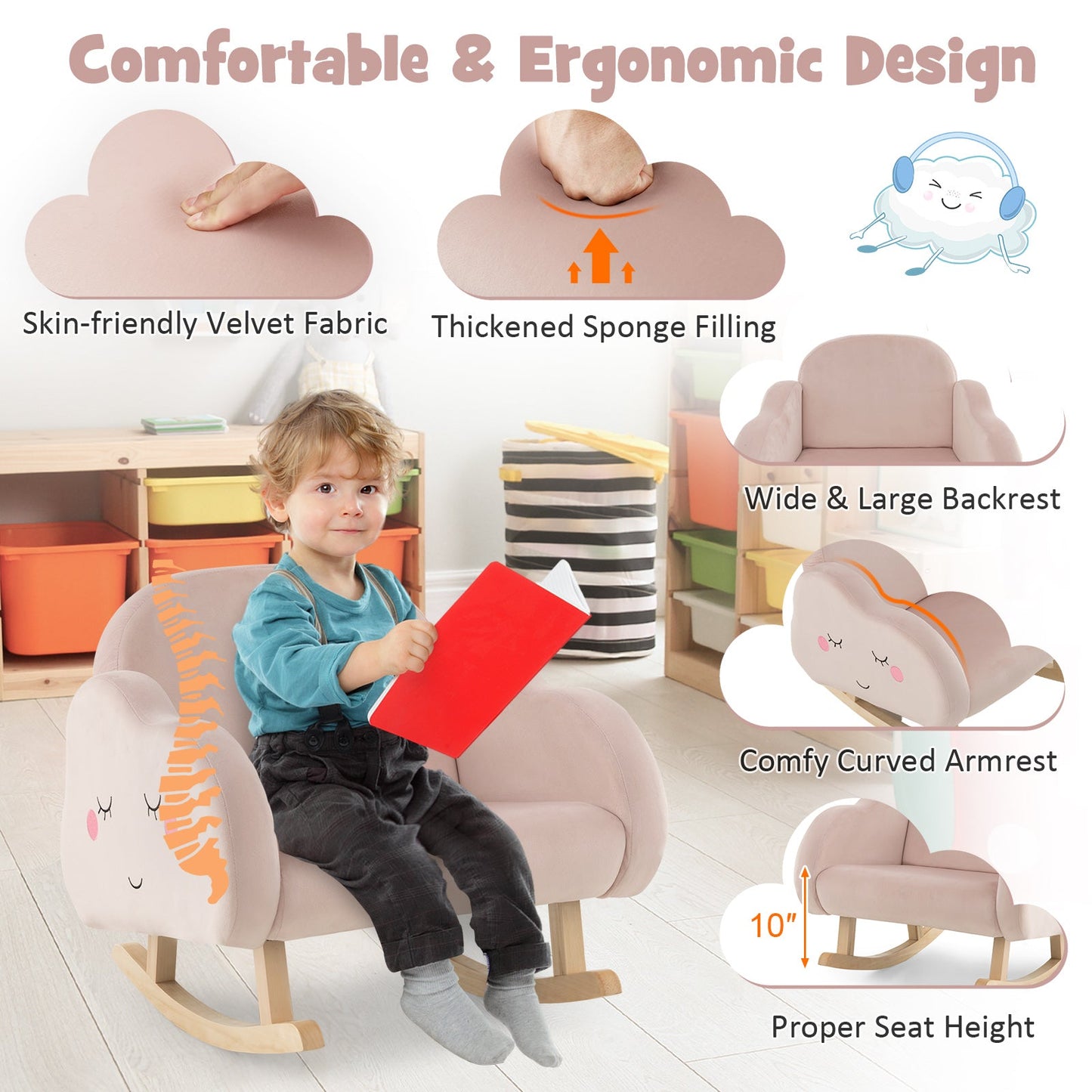 Rocking Chair pour Tout-Petit Rembourré avec Pieds en Bois Massif - Rose