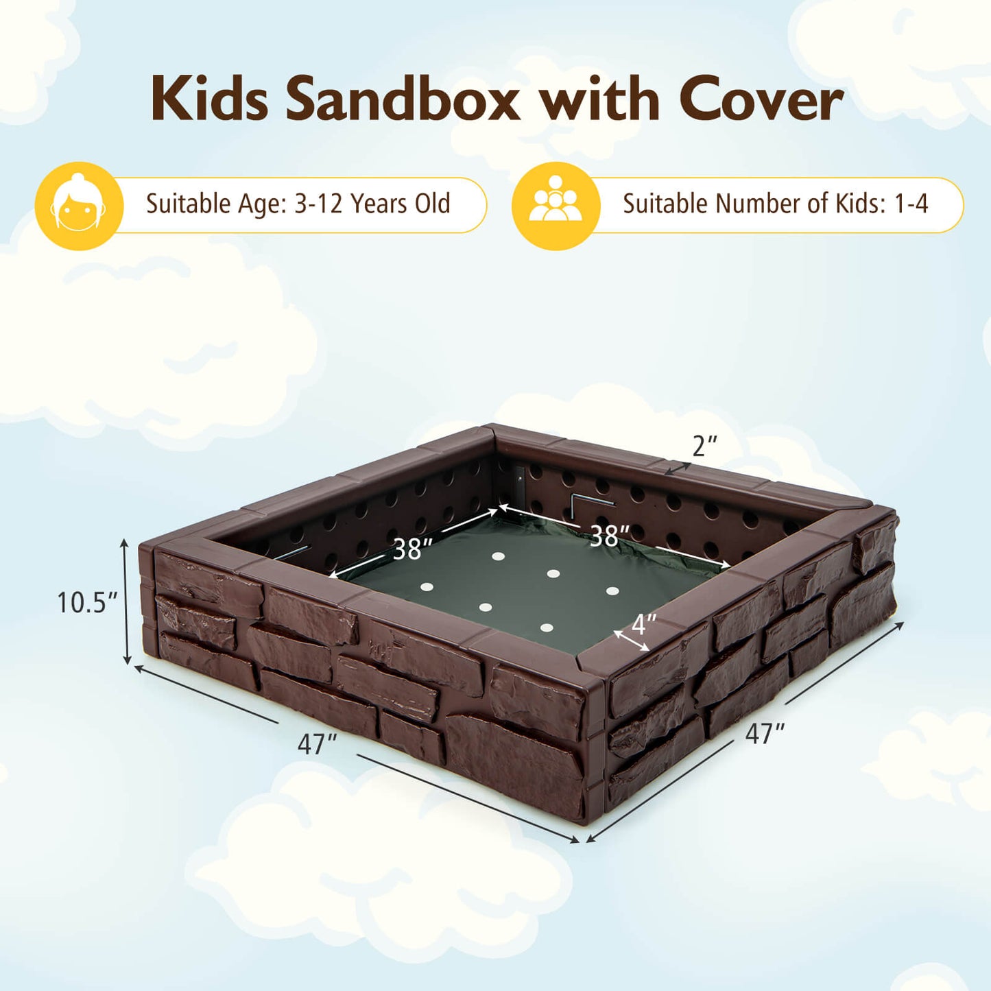 Caja de arena para niños 2 en 1 de HDPE con tapa y forro inferior - Marrón
