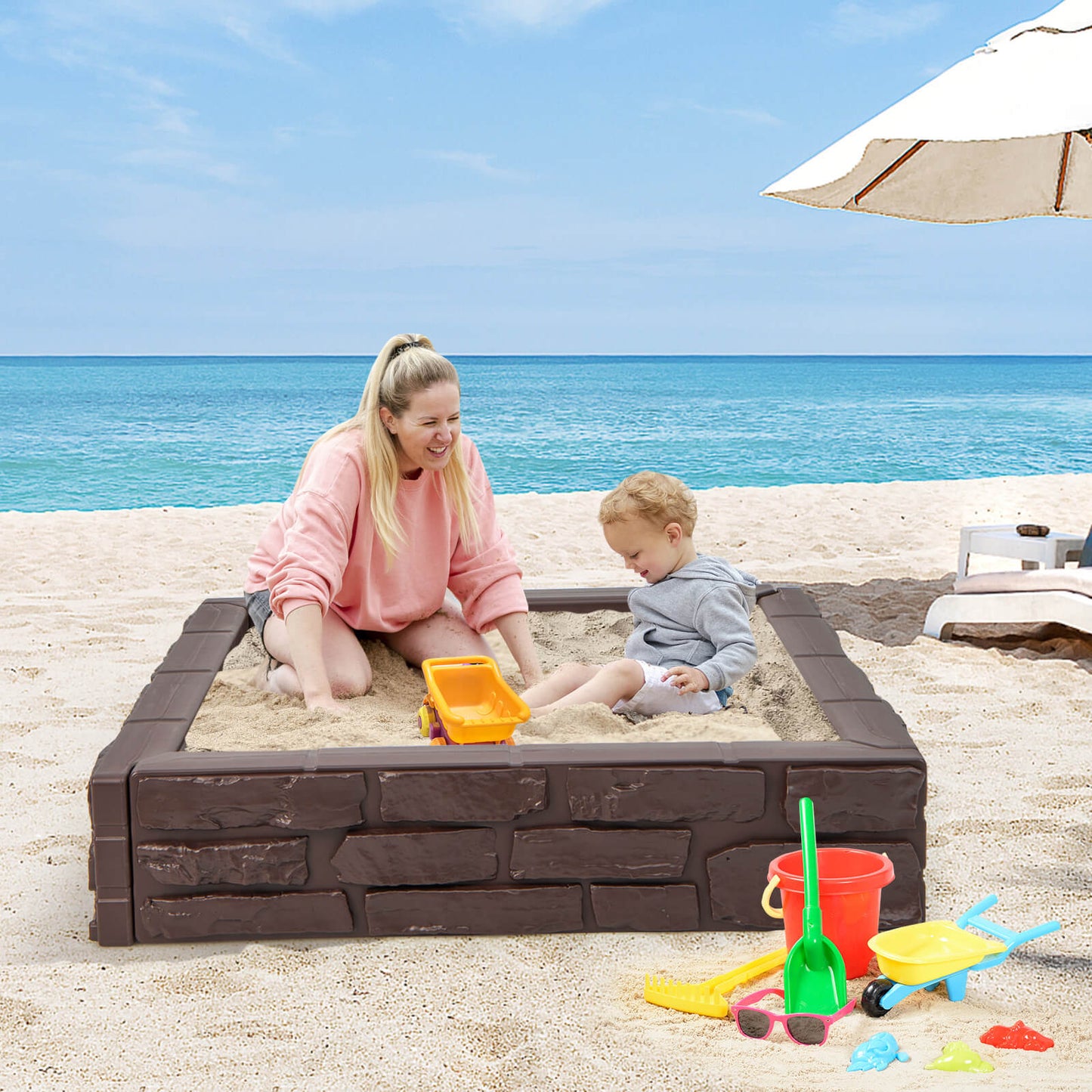 Caja de arena para niños 2 en 1 de HDPE con tapa y forro inferior - Marrón