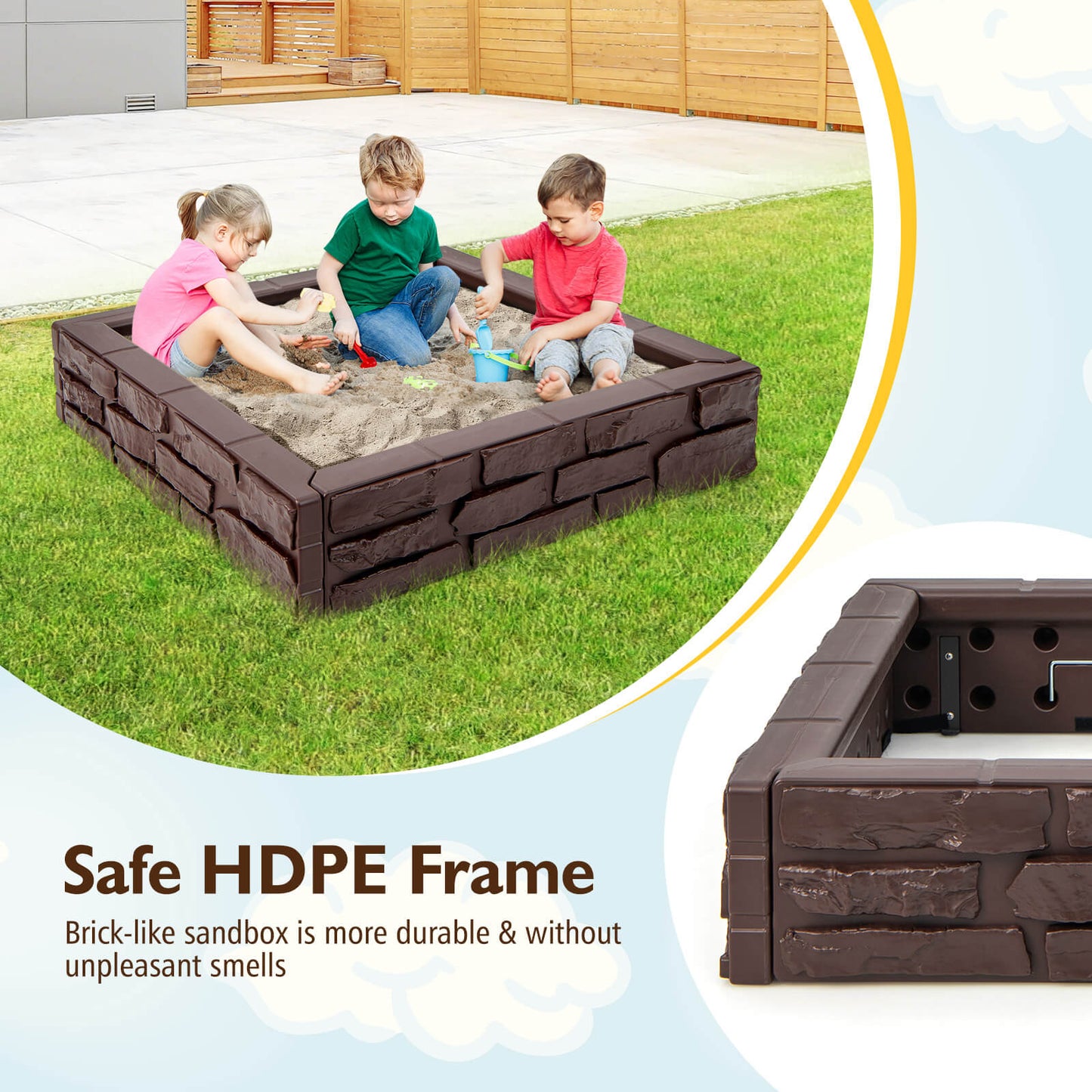 Caja de arena para niños 2 en 1 de HDPE con tapa y forro inferior - Marrón