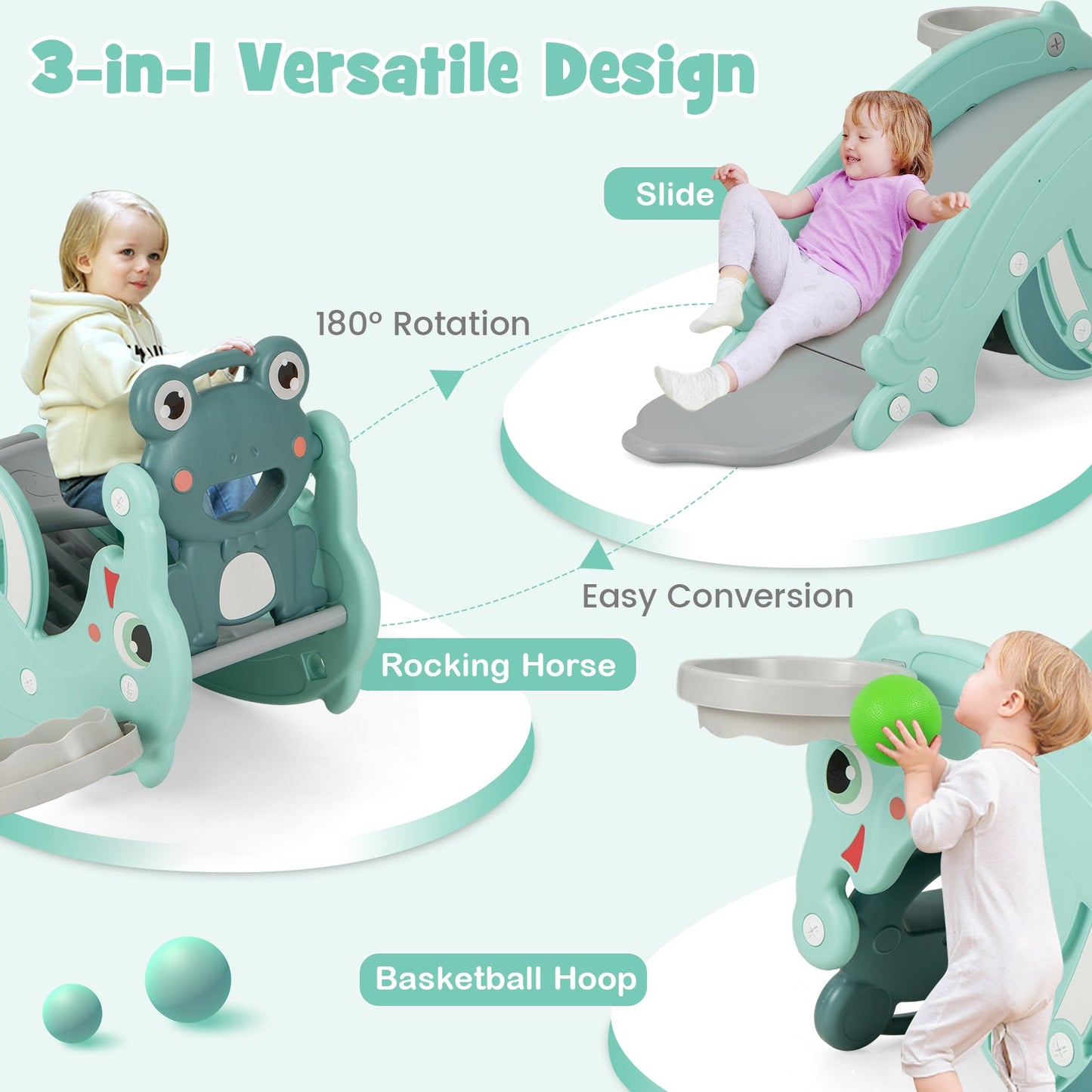 Ensemble de toboggan et cheval à bascule 3 en 1 pour enfants - Vert