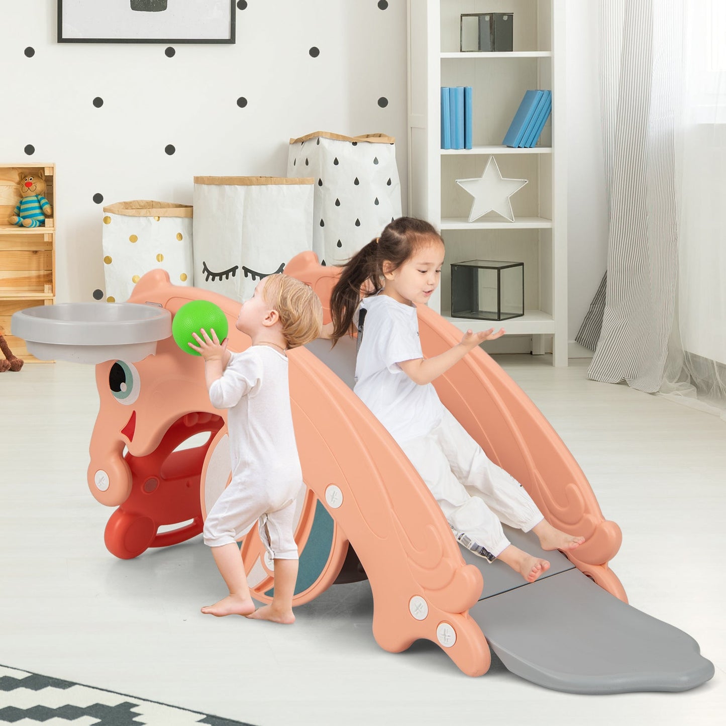 Set de Caballito de Madera y Tobogán 3 en 1 para Niños - Rosa