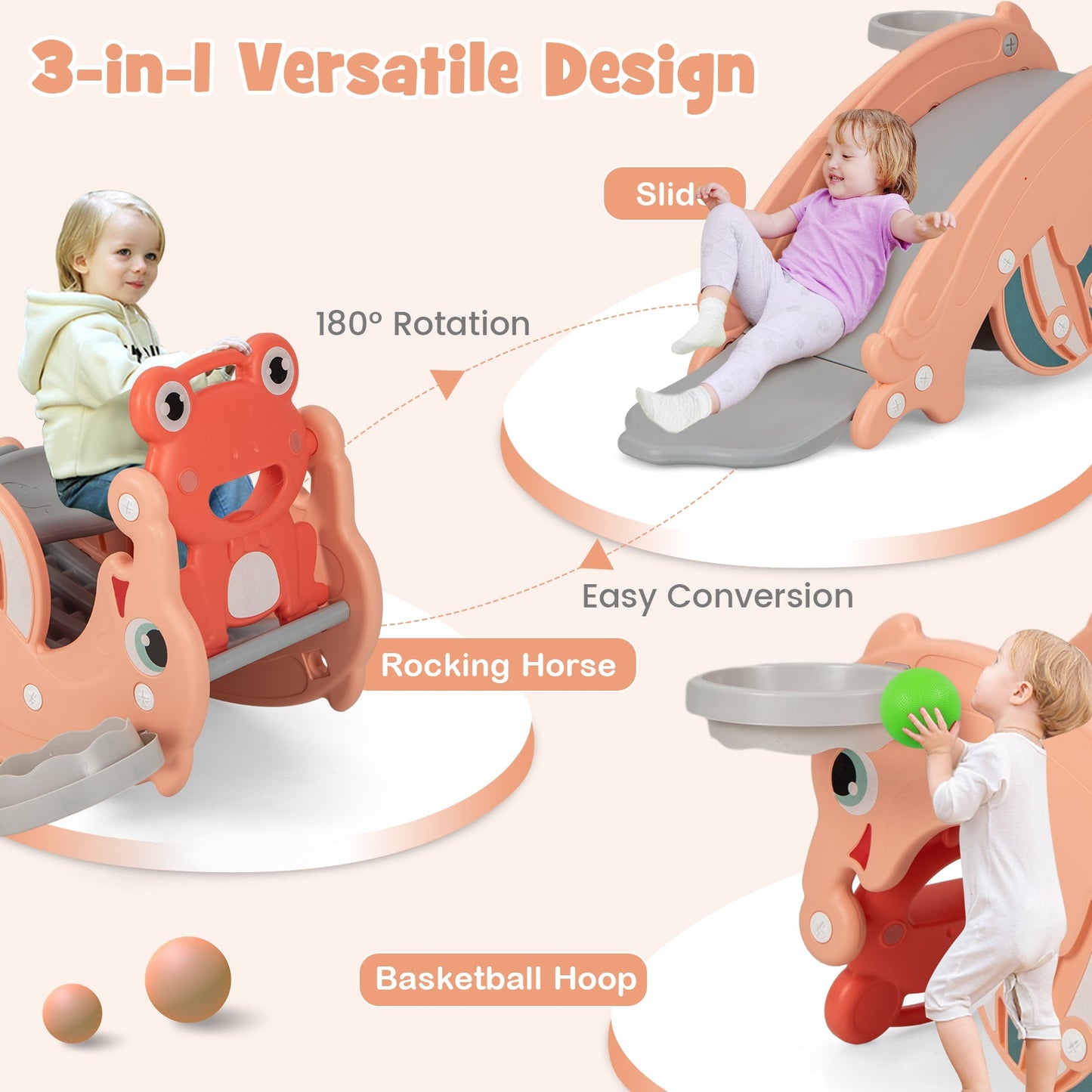 Set de Caballito de Madera y Tobogán 3 en 1 para Niños - Rosa