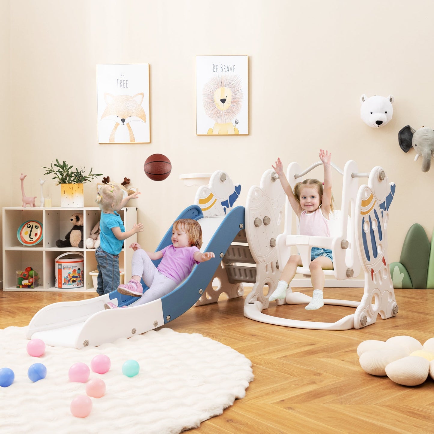 Juego de deslizamiento y columpio para niños 4 en 1 con aro de baloncesto - Azul