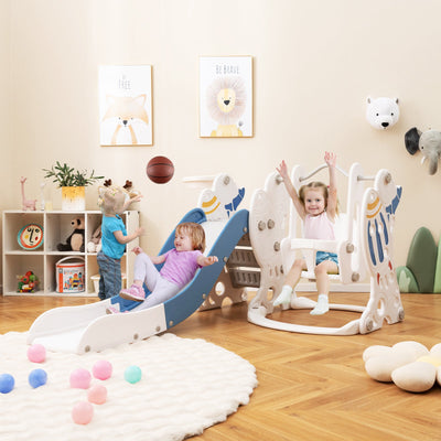 Juego de deslizamiento y columpio para niños 4 en 1 con aro de baloncesto - Azul