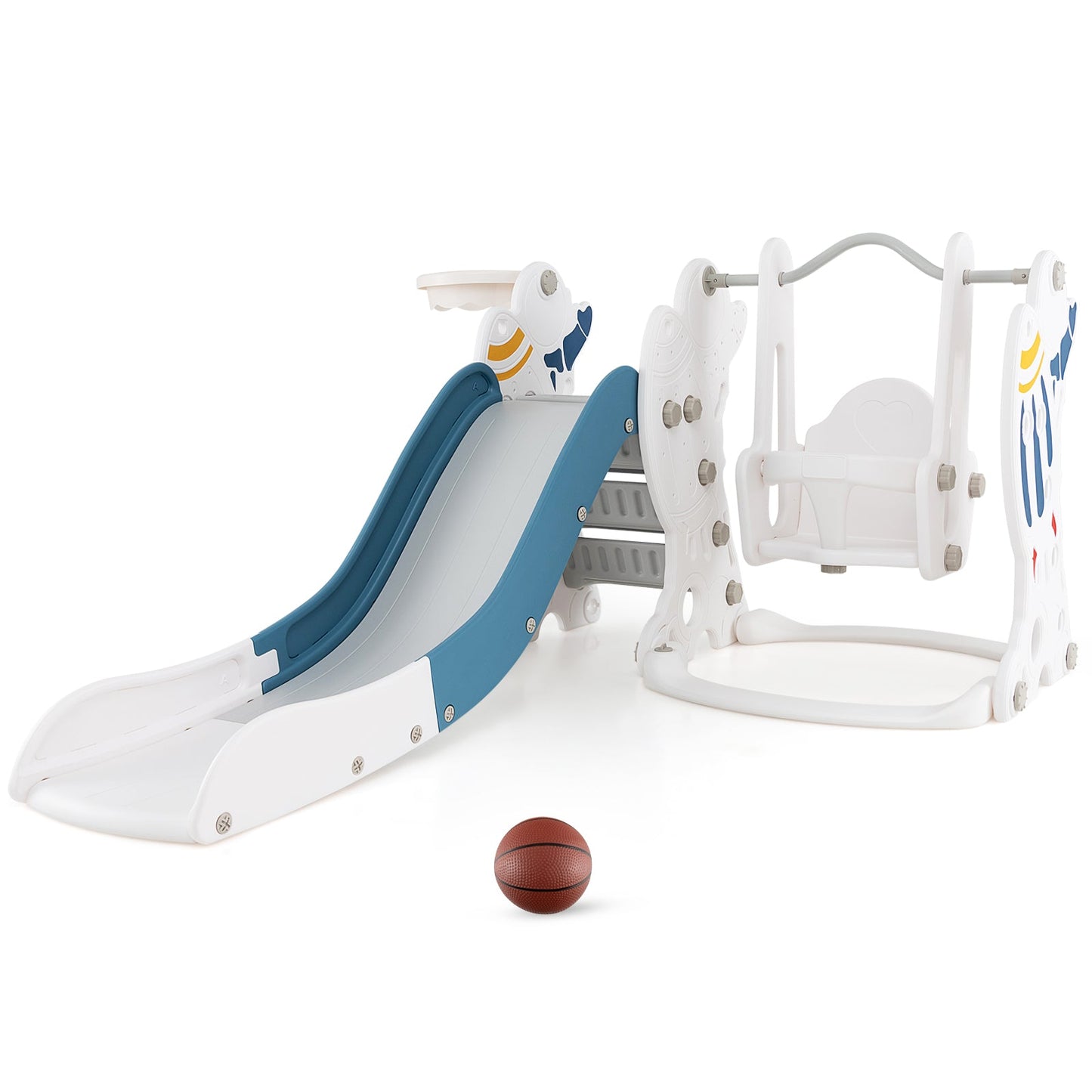Juego de deslizamiento y columpio para niños 4 en 1 con aro de baloncesto - Azul