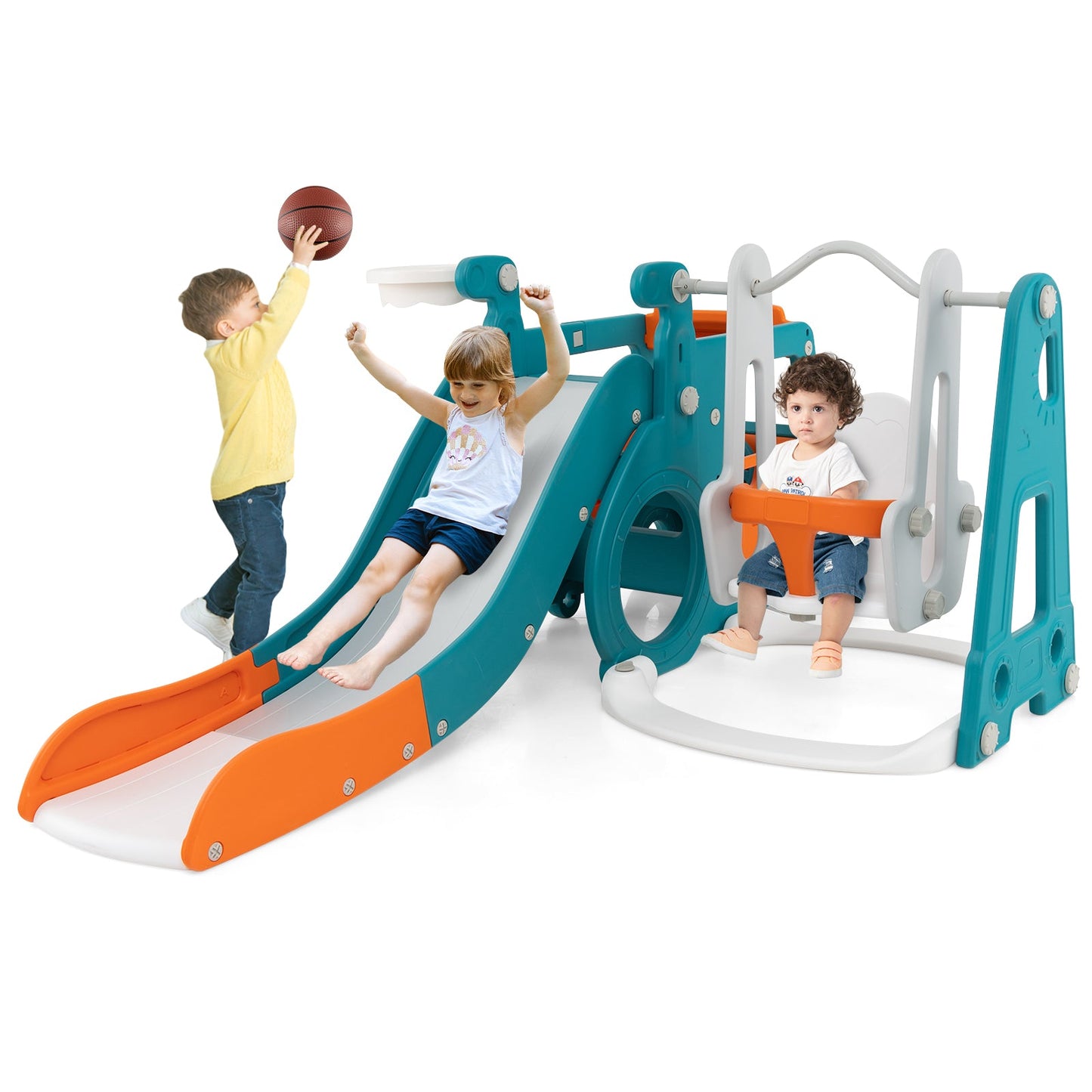 5-in-1 Kids Slide and Swing Set with Mini Bus and Basketball Hoop