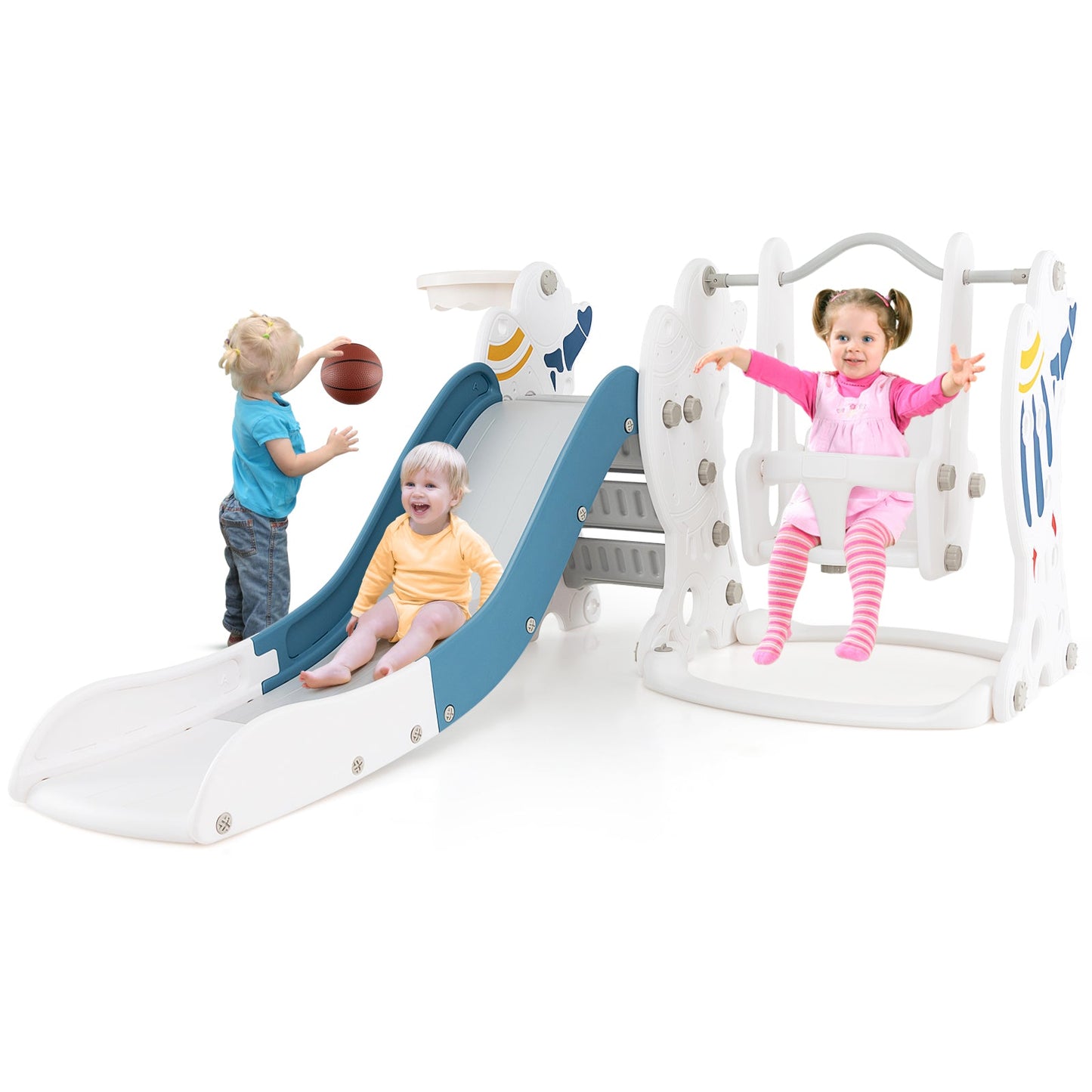 Juego de deslizamiento y columpio para niños 4 en 1 con aro de baloncesto - Azul