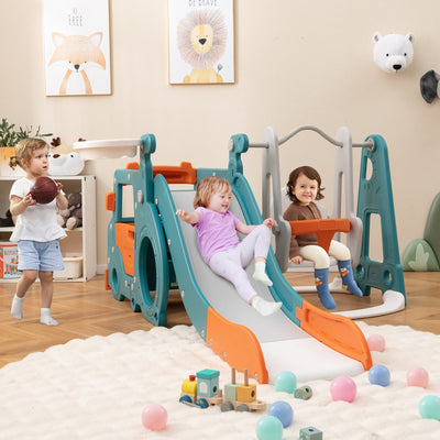 Set de tobogán y columpio 5 en 1 para niños con autobús mini y aro de baloncesto