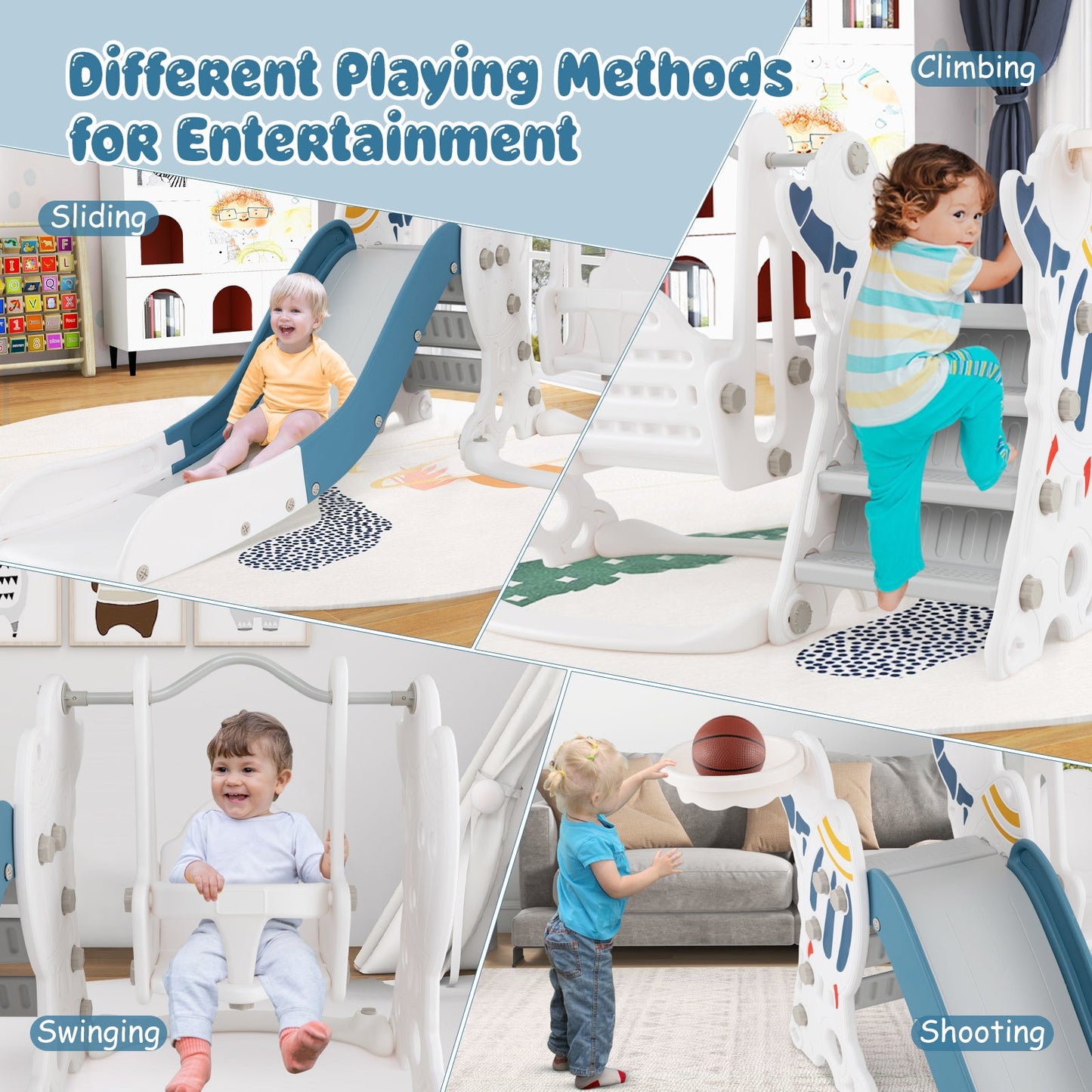 Juego de deslizamiento y columpio para niños 4 en 1 con aro de baloncesto - Azul