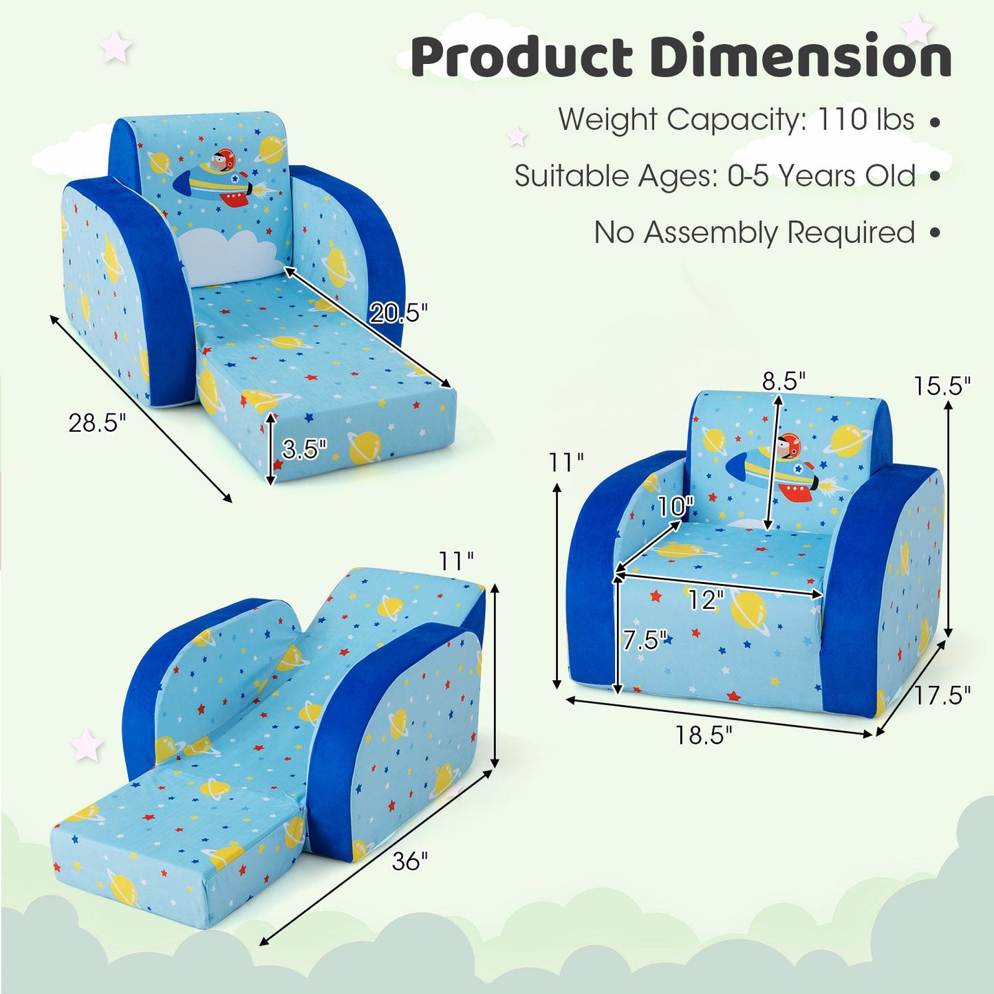 Sofa convertible 3-en-1 pour enfants pour jouer et se détendre