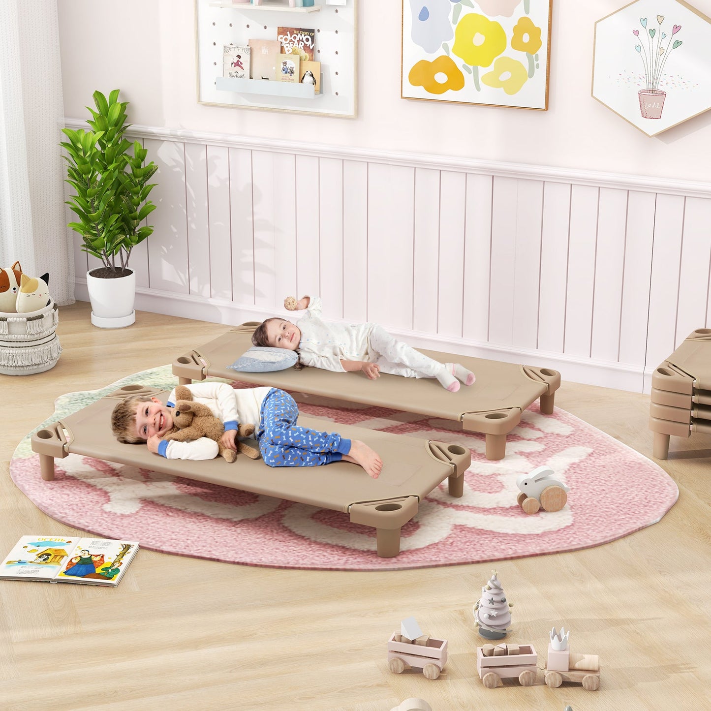 Kids Stackable Daycare Cot Pack of 6 with Detachable Oxford Cloth - Beige