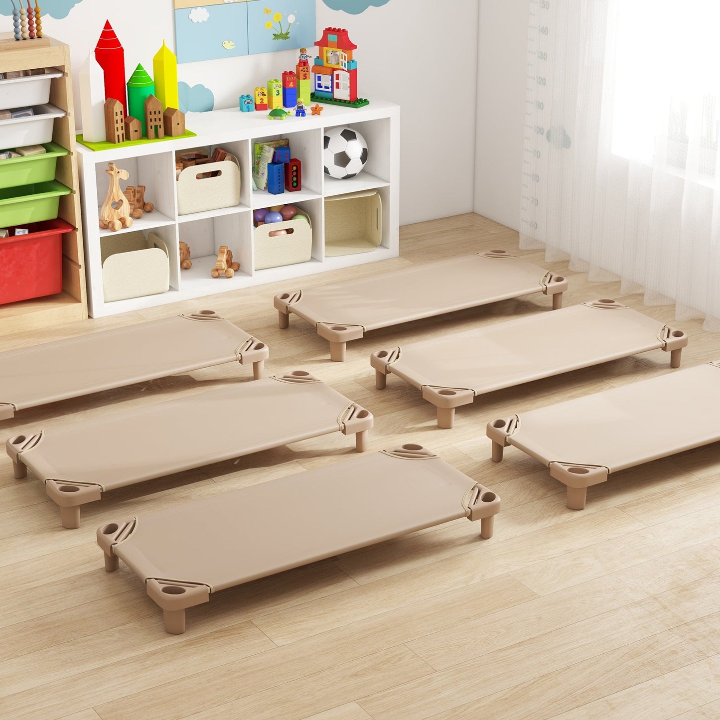 Kids Stackable Daycare Cot Pack of 6 with Detachable Oxford Cloth - Beige