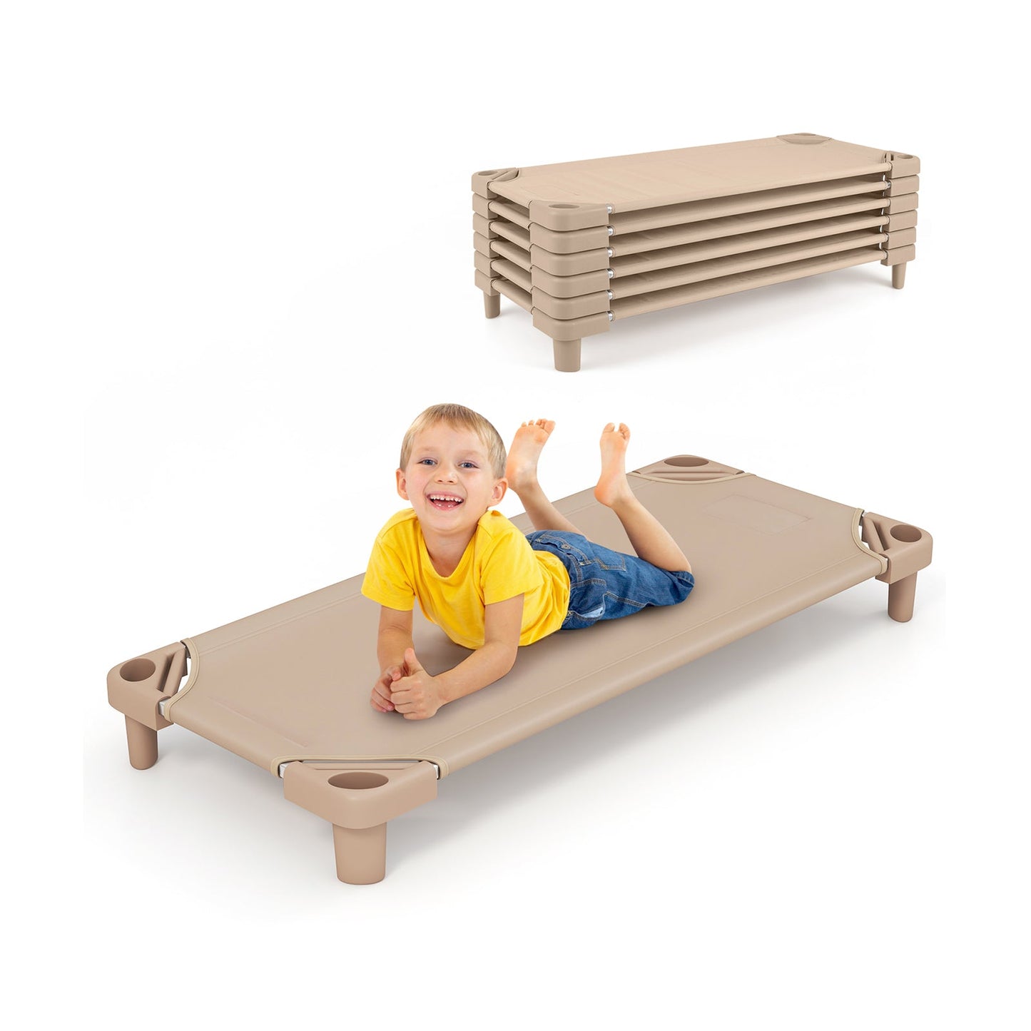 Kids Stackable Daycare Cot Pack of 6 with Detachable Oxford Cloth - Beige